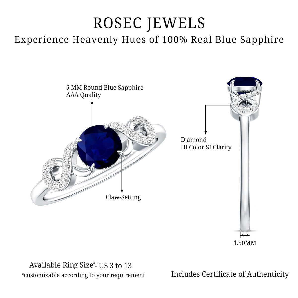 Real 0.9 Carat Blue Sapphire Infinity Promise Ring with Diamond AAA - Rosec Jewels