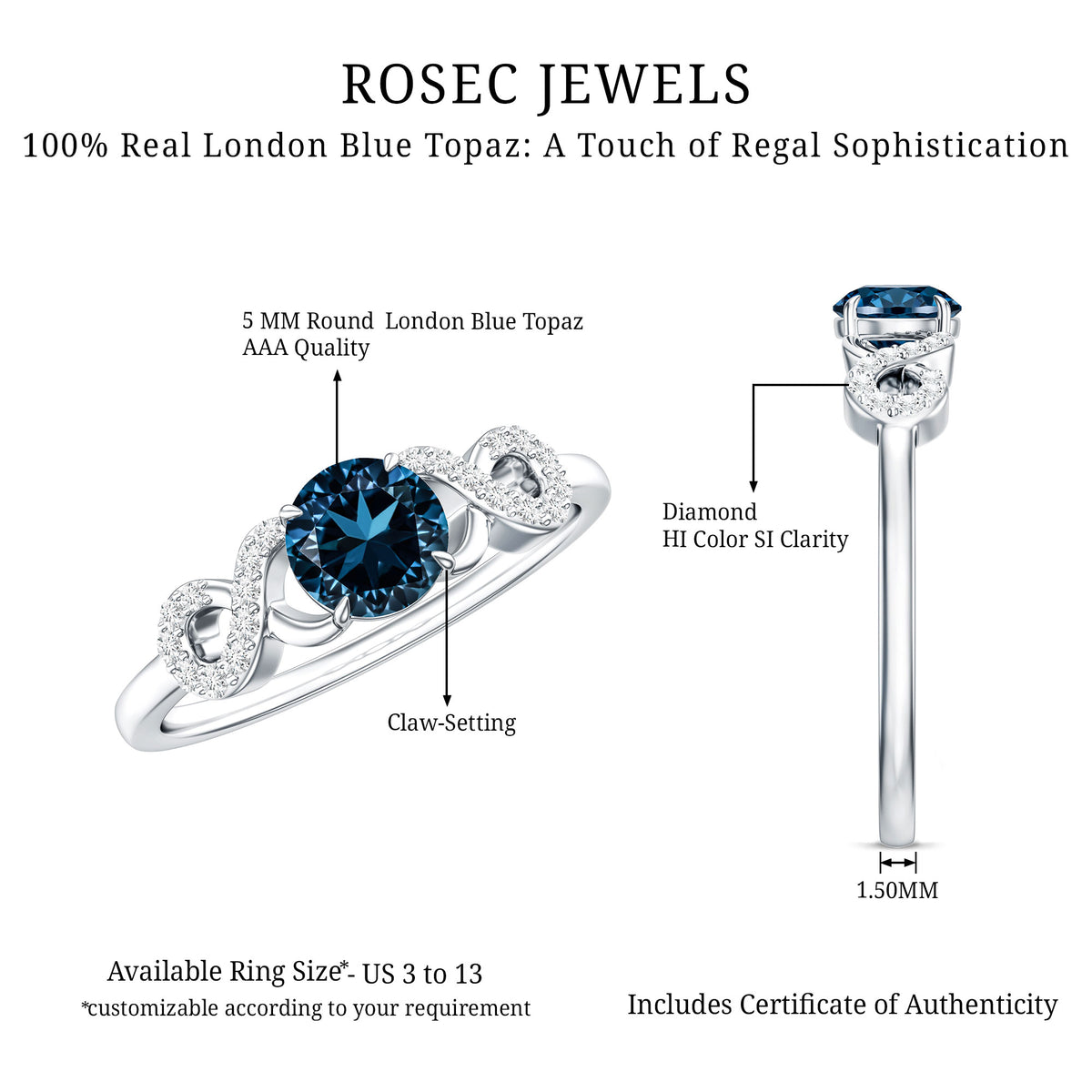 0.6 Carat Round London Blue Topaz Engagement Ring with Criss Cross Diamond AAA - Rosec Jewels