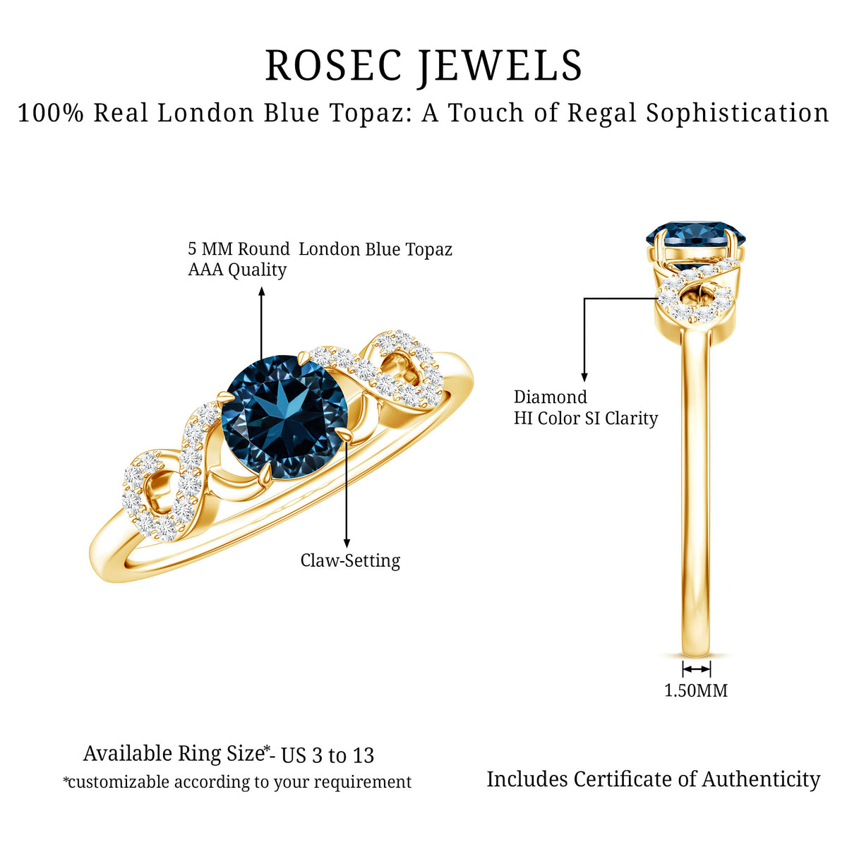 0.6 Carat Round London Blue Topaz Engagement Ring with Criss Cross Diamond AAA - Rosec Jewels