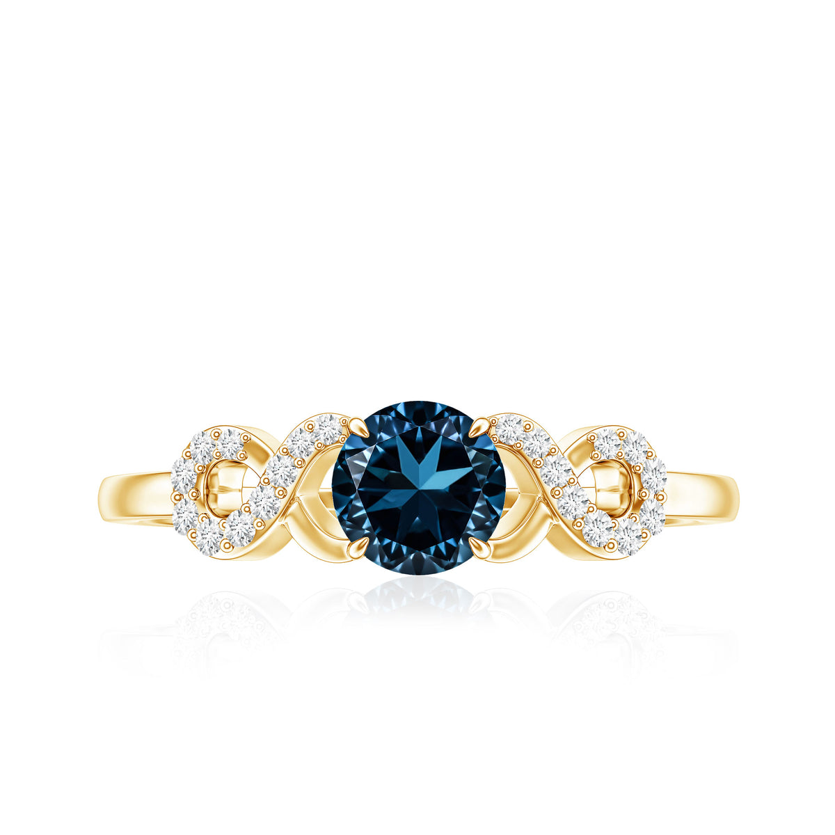 0.6 Carat Round London Blue Topaz Engagement Ring with Criss Cross Diamond AAA - Rosec Jewels