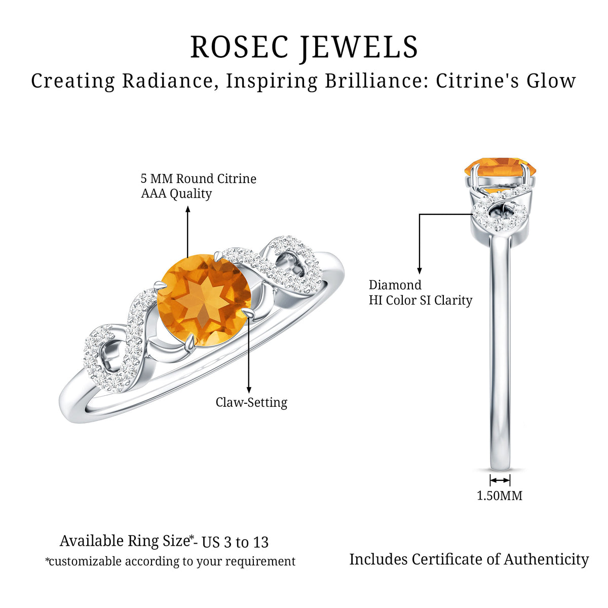 Certified Natural Citrine Infinity Promise Ring with Diamonds AAA - Rosec Jewels