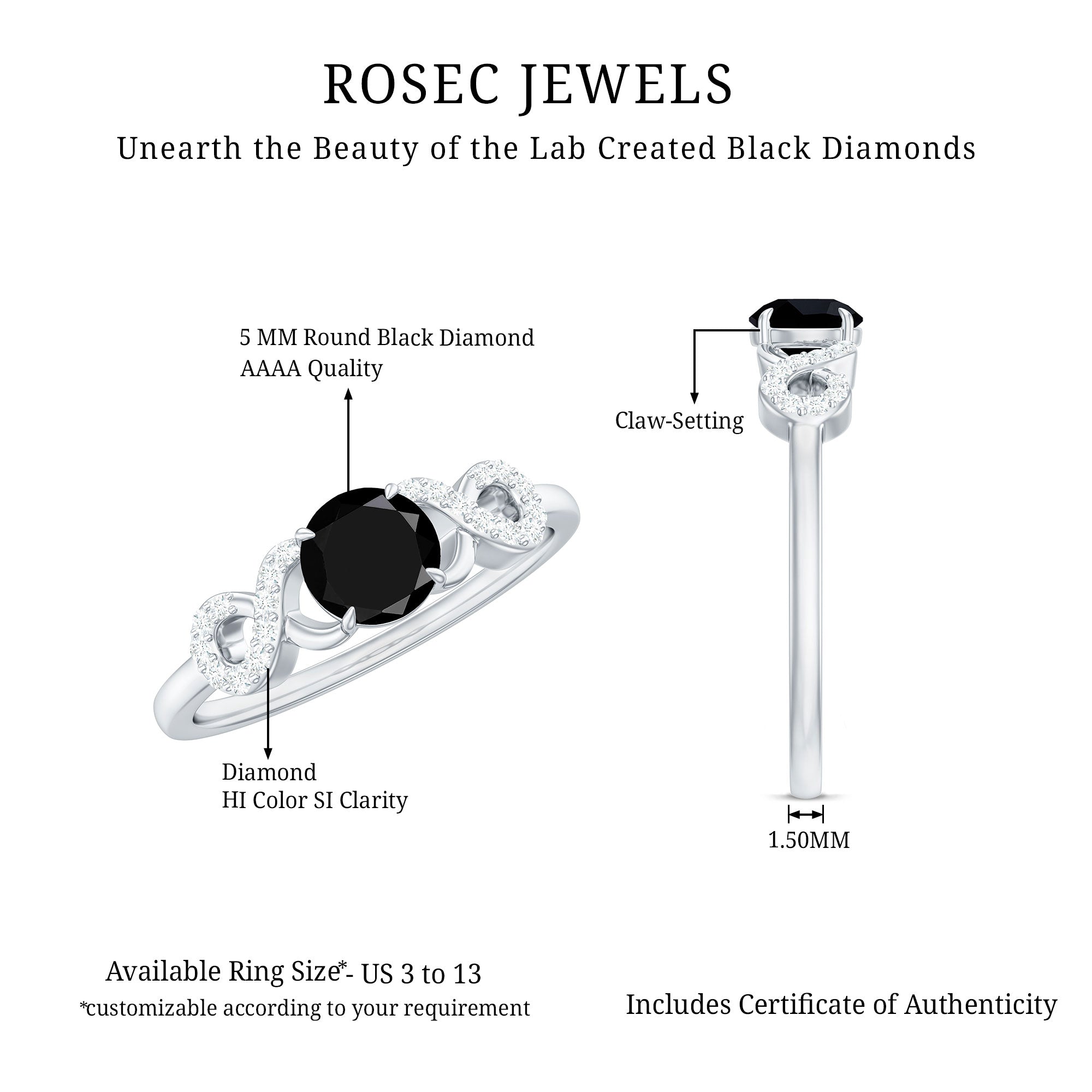 Certified 0.8 Carat Lab Grown Black and White Diamond Engagement Ring with Infinity Knot AAAA ( Synthetic ) - Rosec Jewels