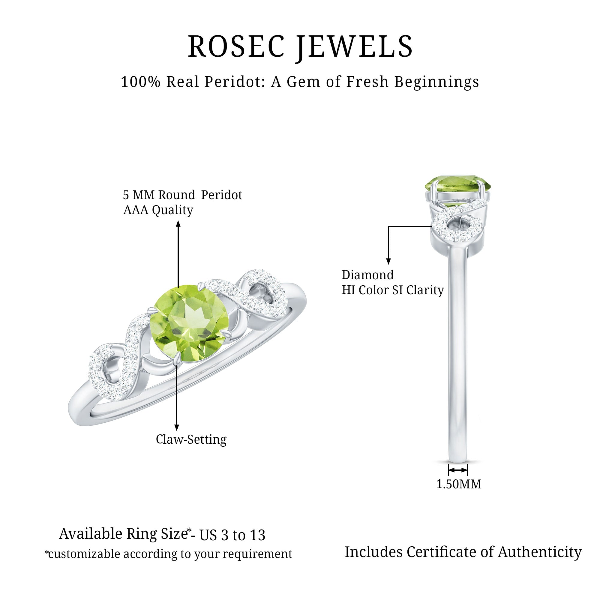 Rosec Jewels-Half Carat Peridot Promise Ring with Diamond Infinity Knot