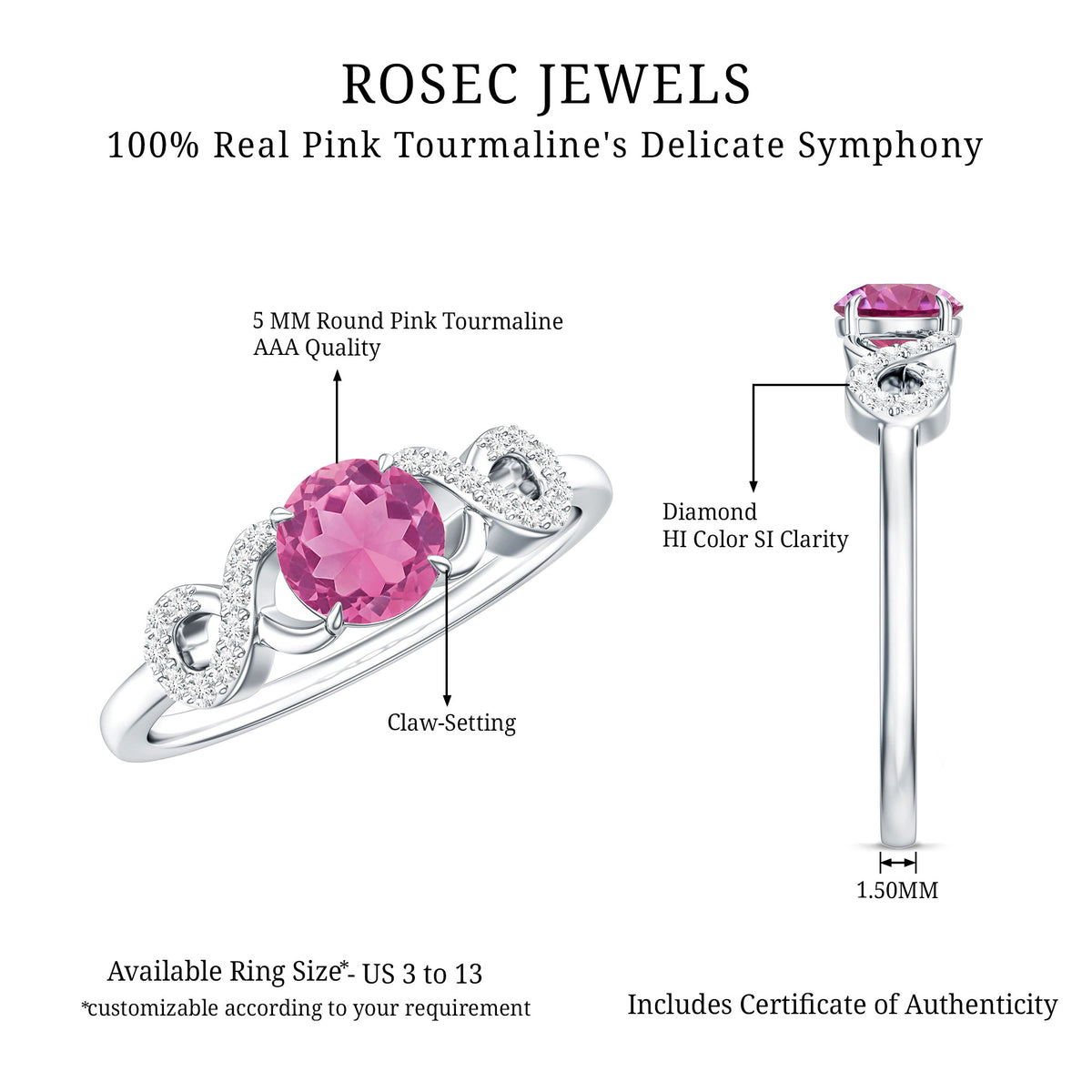 Solitaire Pink Tourmaline Infinity Promise Ring with Diamond AAA - Rosec Jewels