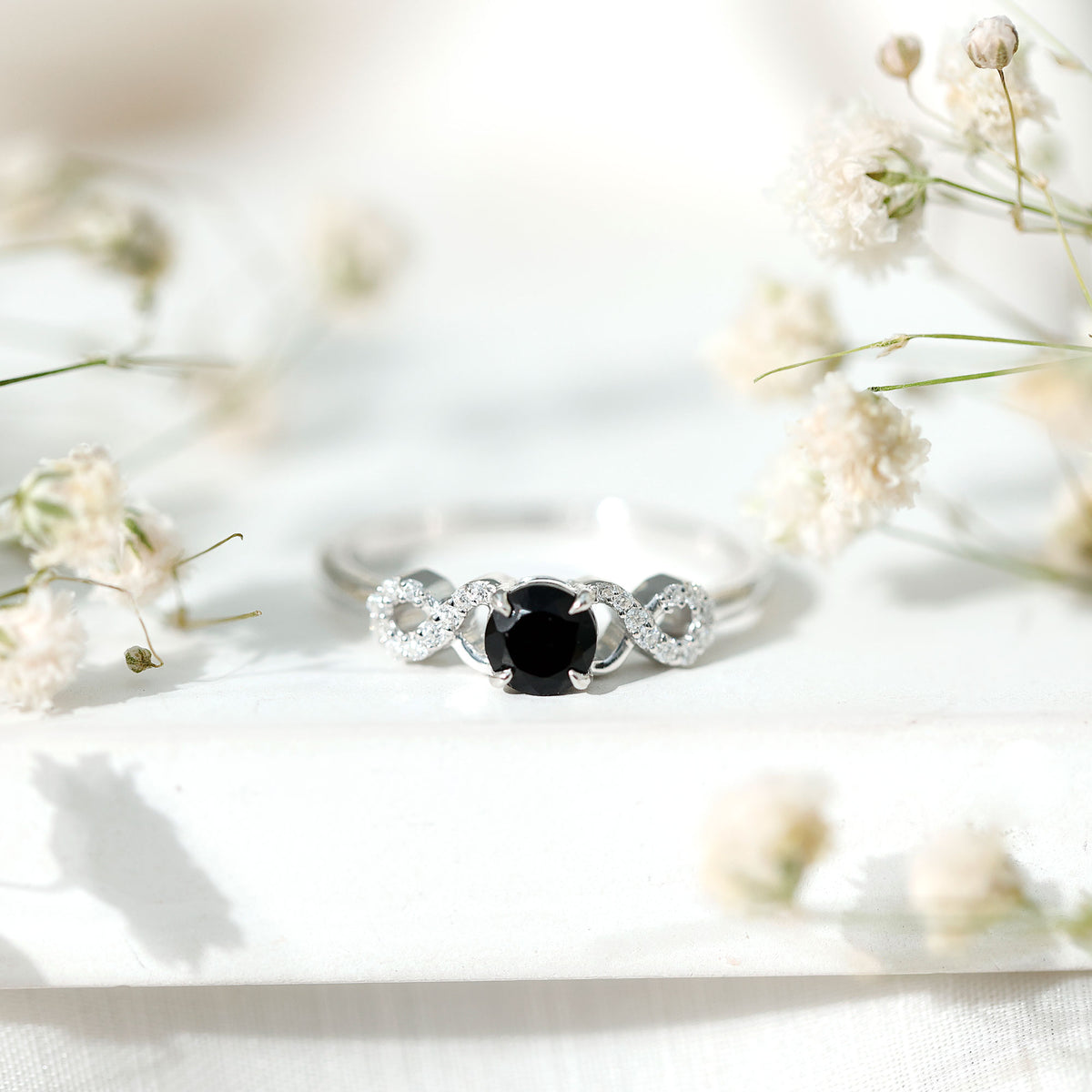 0.45 Carat Black Onyx and Diamond Criss Cross Engagement Ring AAA - Rosec Jewels