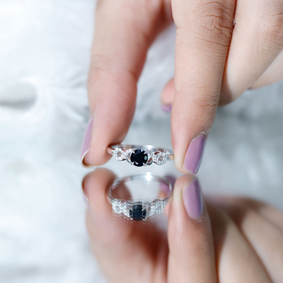 0.45 Carat Black Onyx and Diamond Criss Cross Engagement Ring AAA - Rosec Jewels