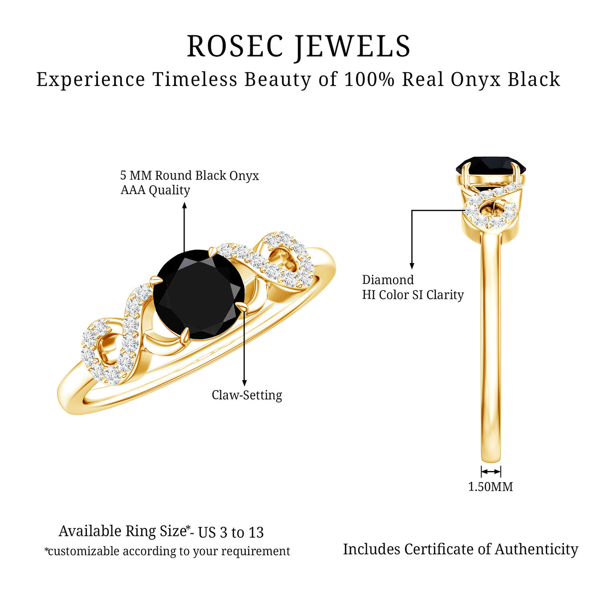 0.45 Carat Black Onyx and Diamond Criss Cross Engagement Ring AAA - Rosec Jewels