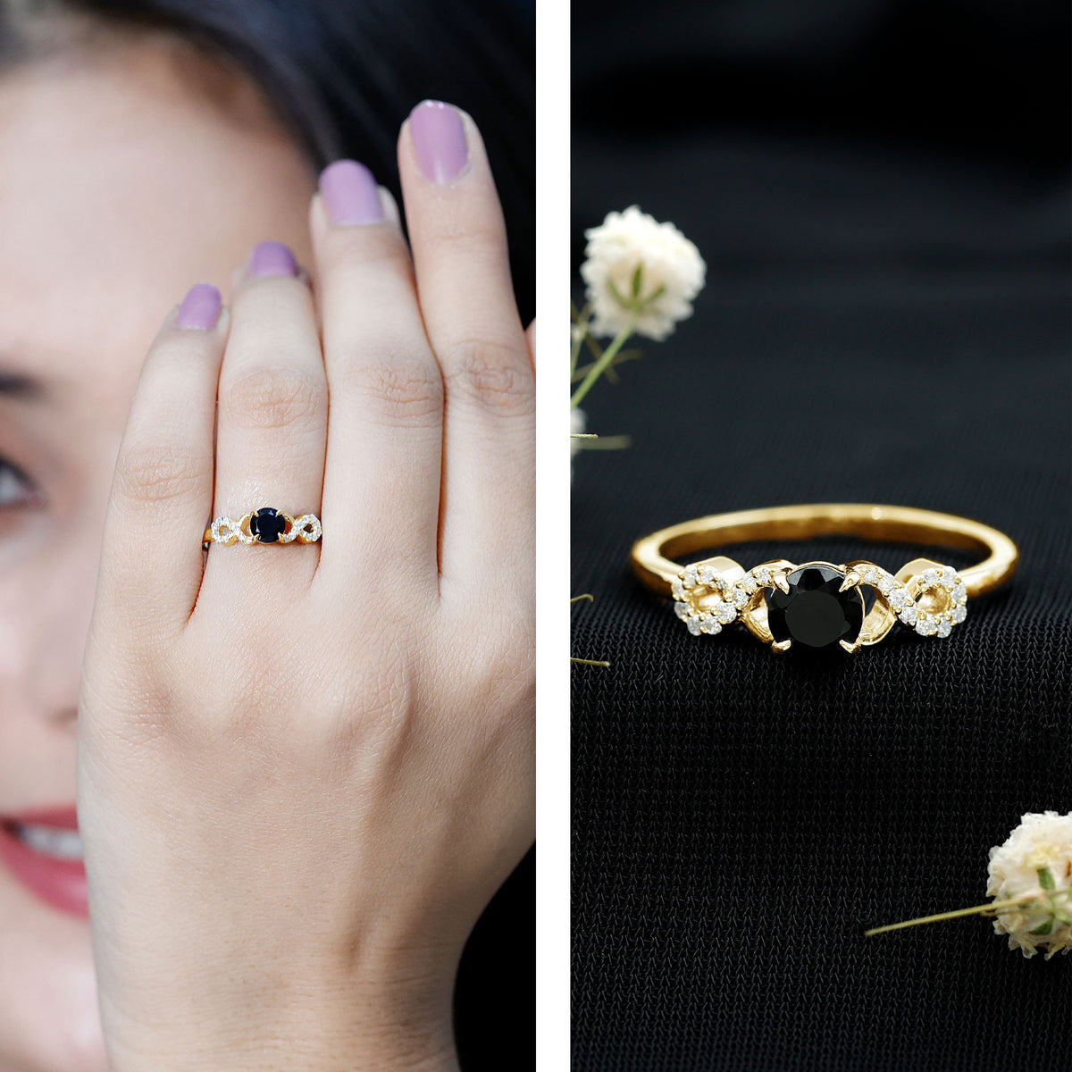 0.45 Carat Black Onyx and Diamond Criss Cross Engagement Ring AAA - Rosec Jewels