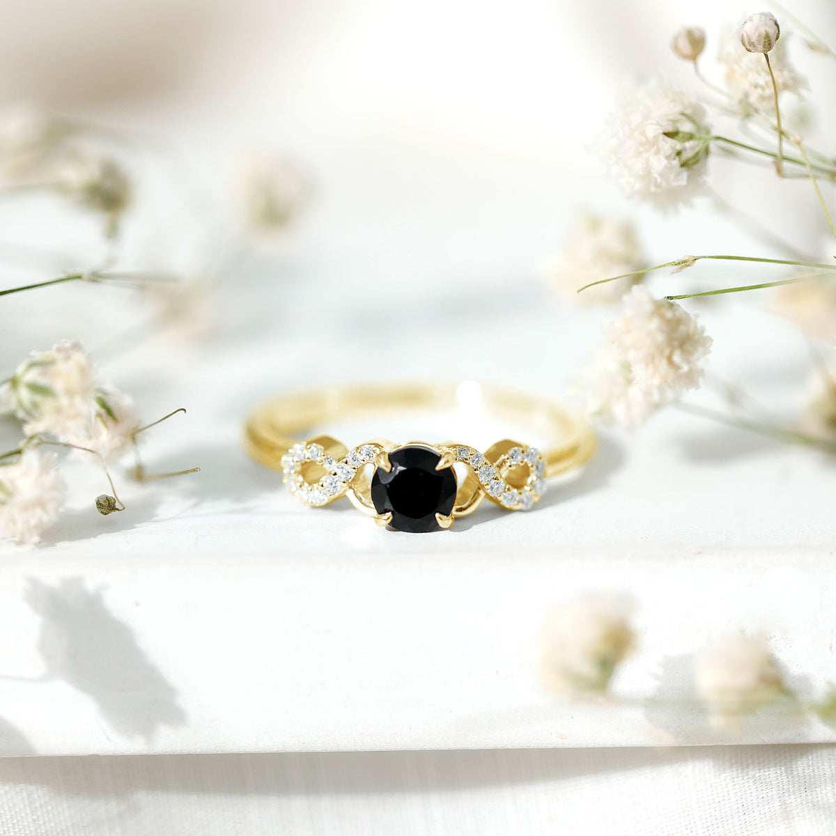 0.45 Carat Black Onyx and Diamond Criss Cross Engagement Ring AAA - Rosec Jewels