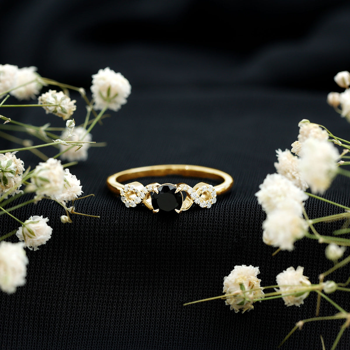 0.45 Carat Black Onyx and Diamond Criss Cross Engagement Ring AAA - Rosec Jewels
