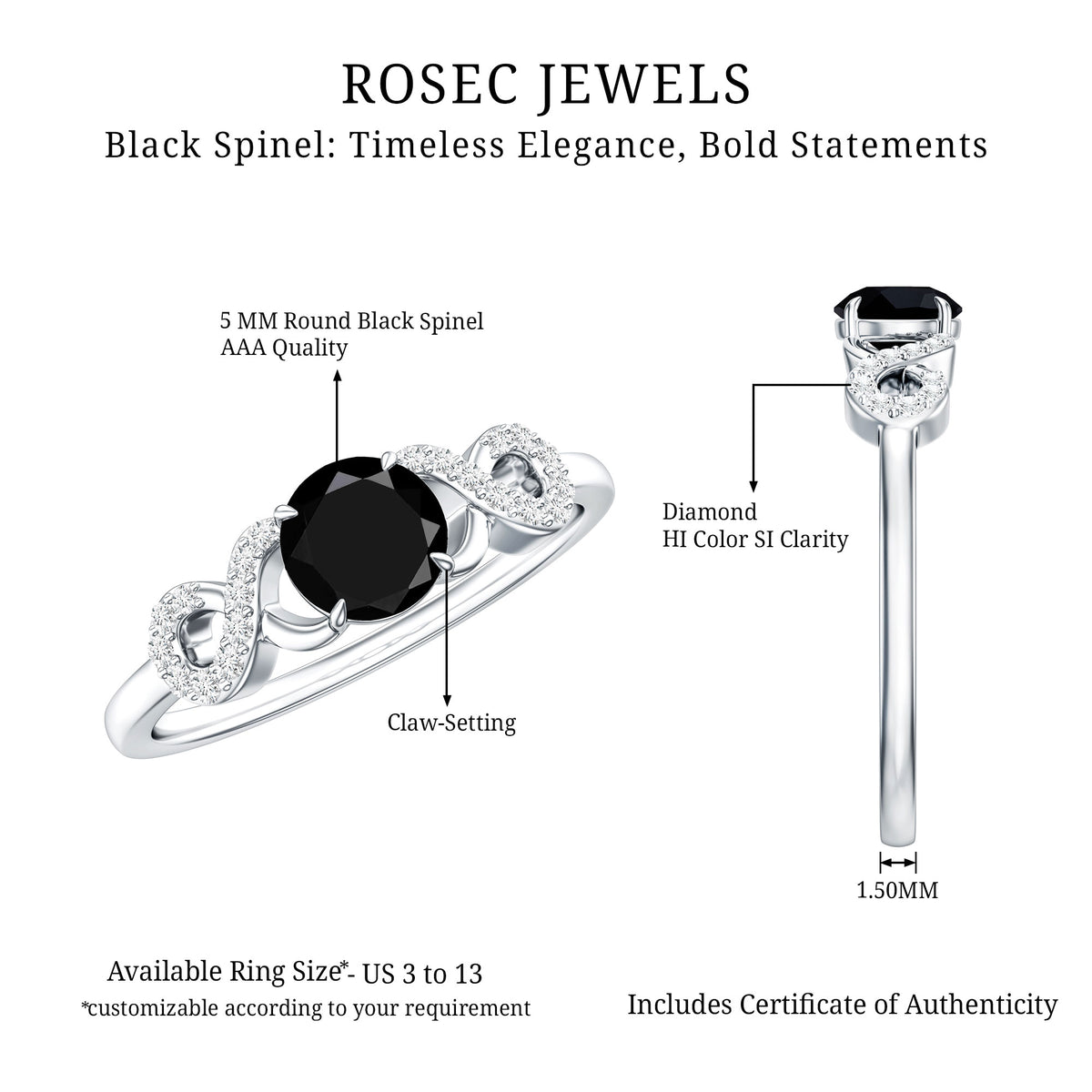Natural Black Spinel Promise Ring with Diamond Infinity Knot AAA - Rosec Jewels
