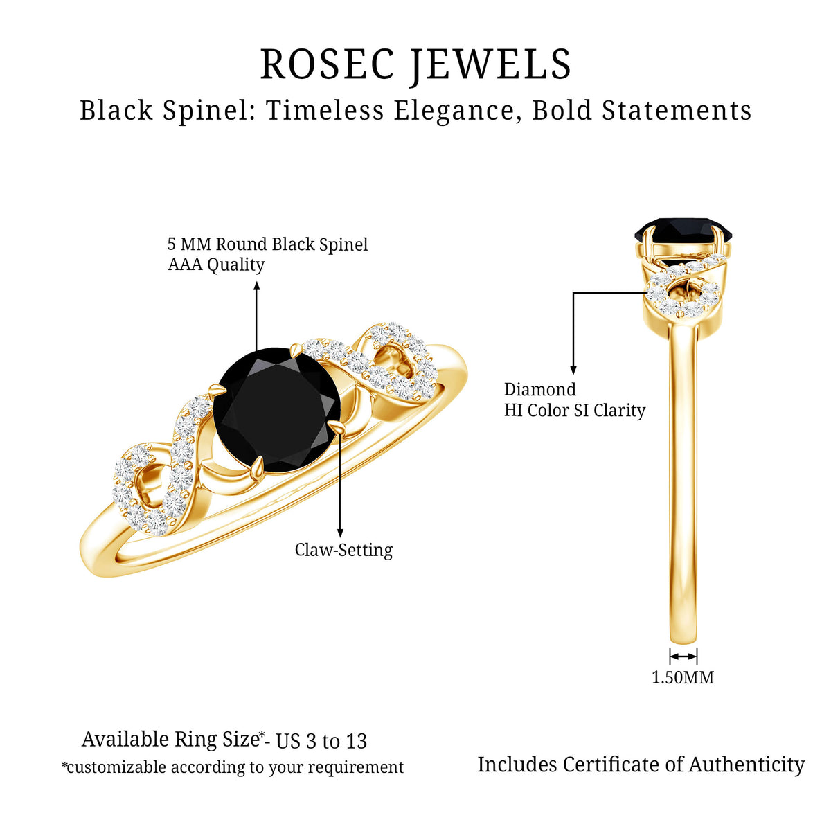 Natural Black Spinel Promise Ring with Diamond Infinity Knot AAA - Rosec Jewels