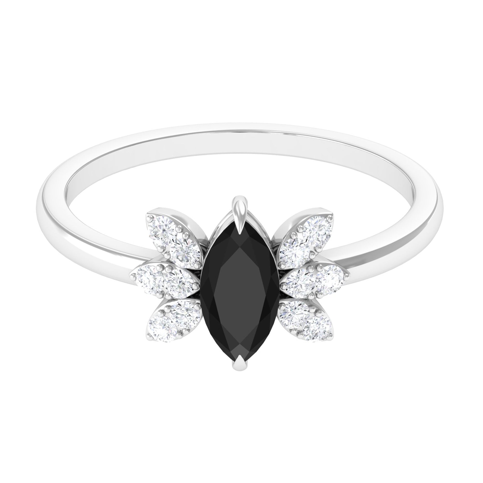 1 CT Claw Set Marquise Black Spinel and Diamond Promise Ring AAA - Rosec Jewels