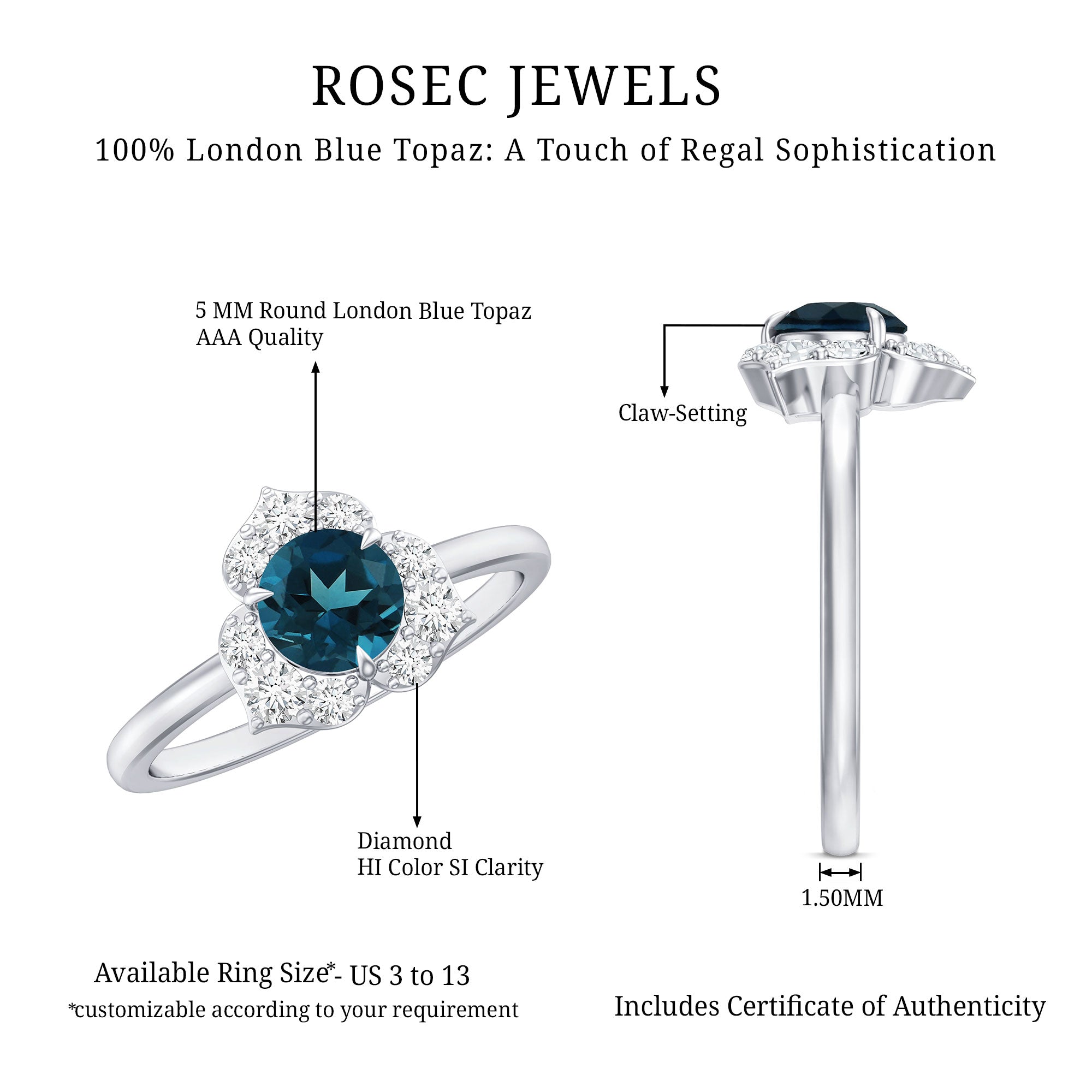 Round London Blue Topaz Floral Engagement Ring with Diamond AAA - Rosec Jewels