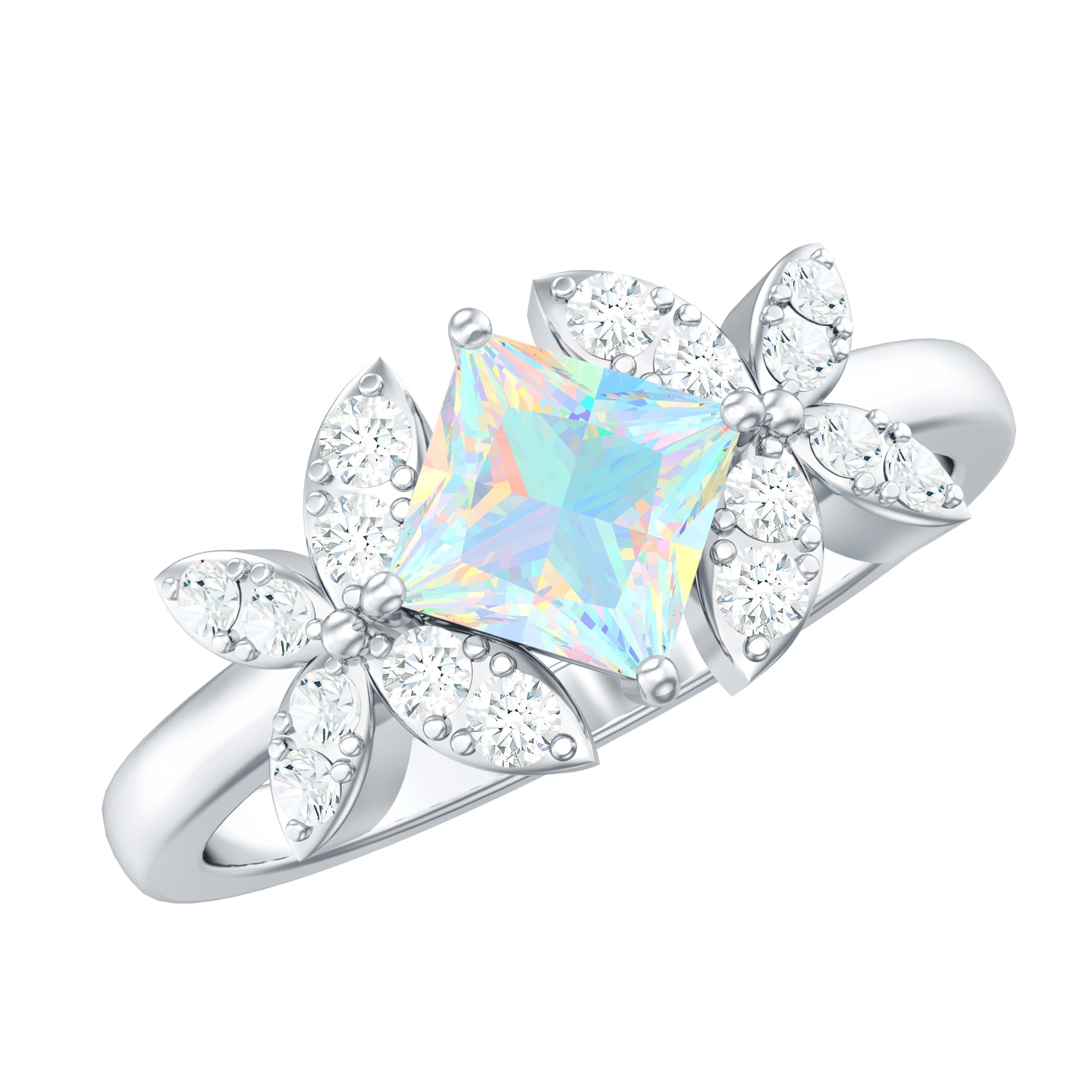 Natural Princess Cut Ethiopian Opal Flower Engagement Ring with Diamond