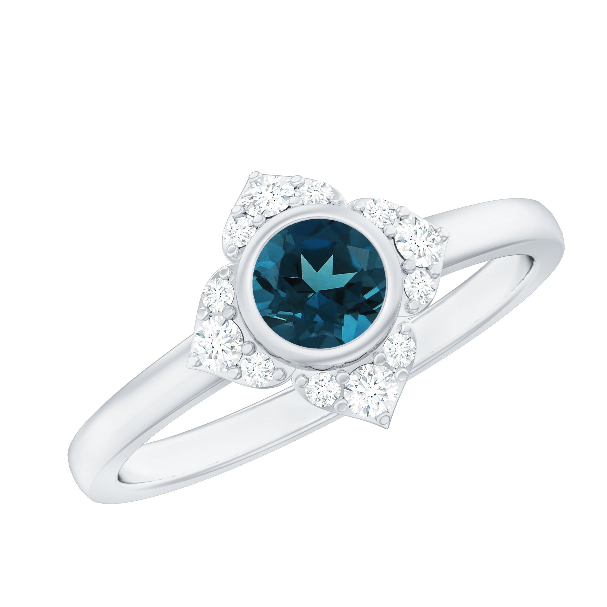 London Blue Topaz Bezel Engagement Ring with Diamond Halo