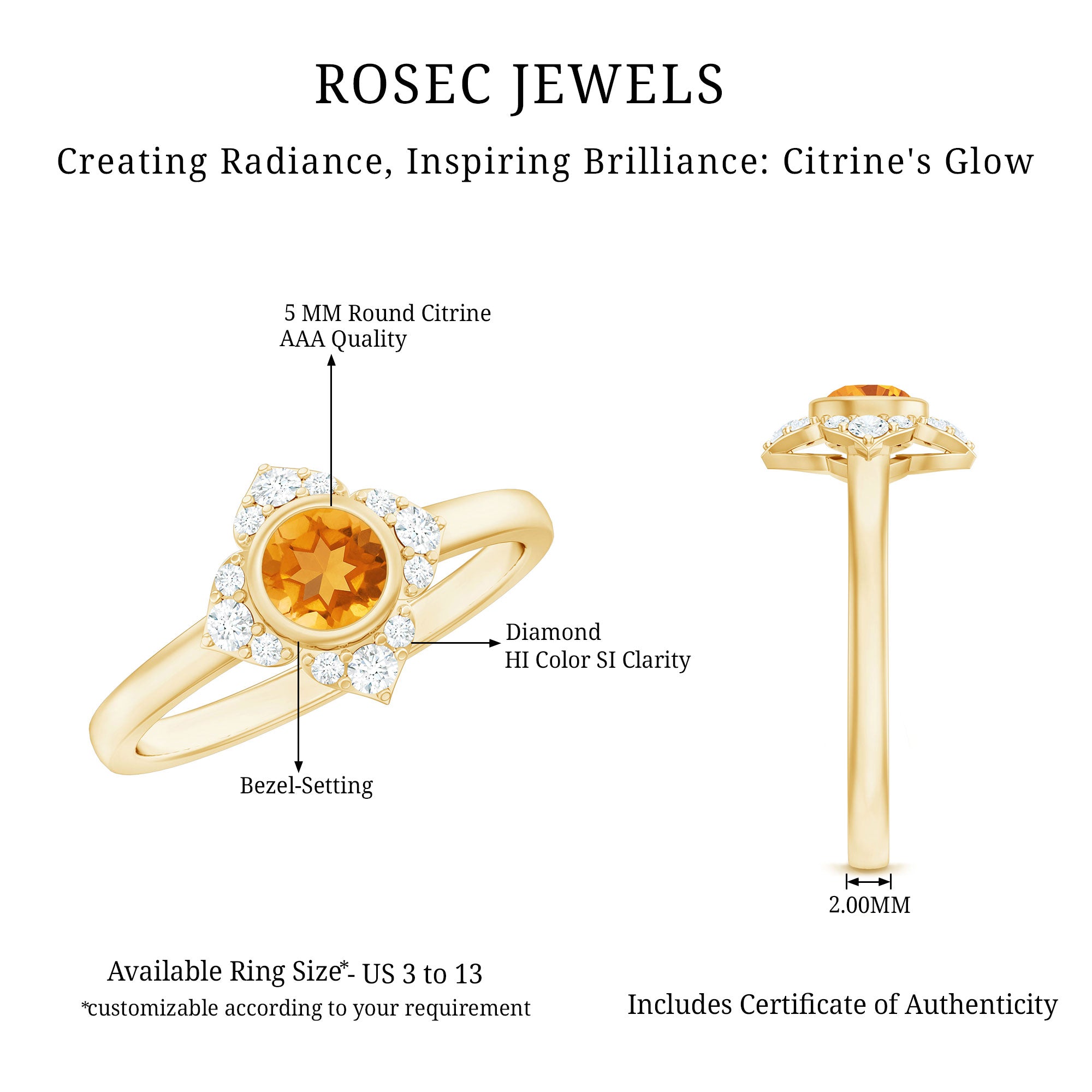 Natural Citrine Diamond Flower Engagement Ring with Certificate AAA - Rosec Jewels