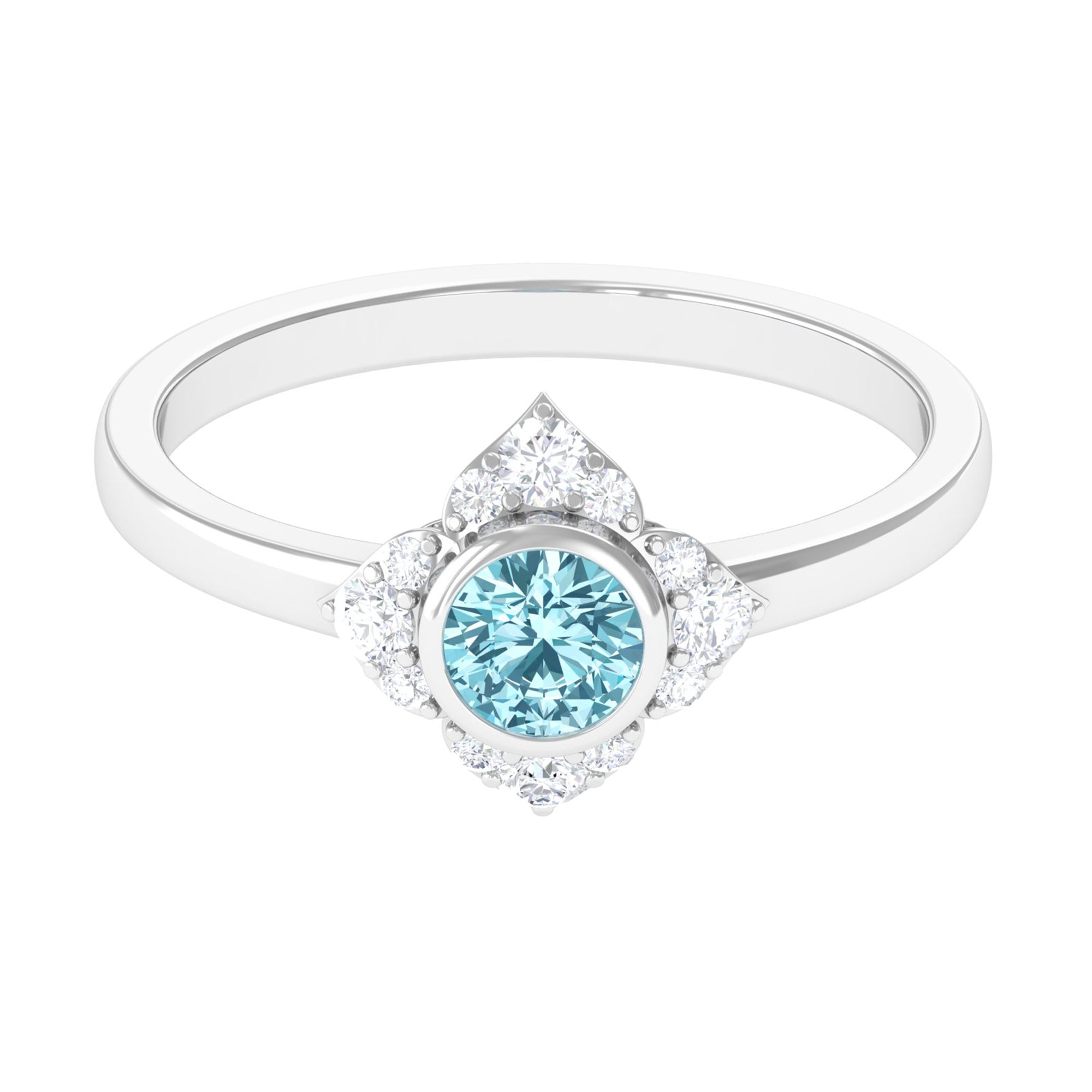 Bezel Set Aquamarine and Diamond Flower Engagement Ring with Certificate AAA - Rosec Jewels