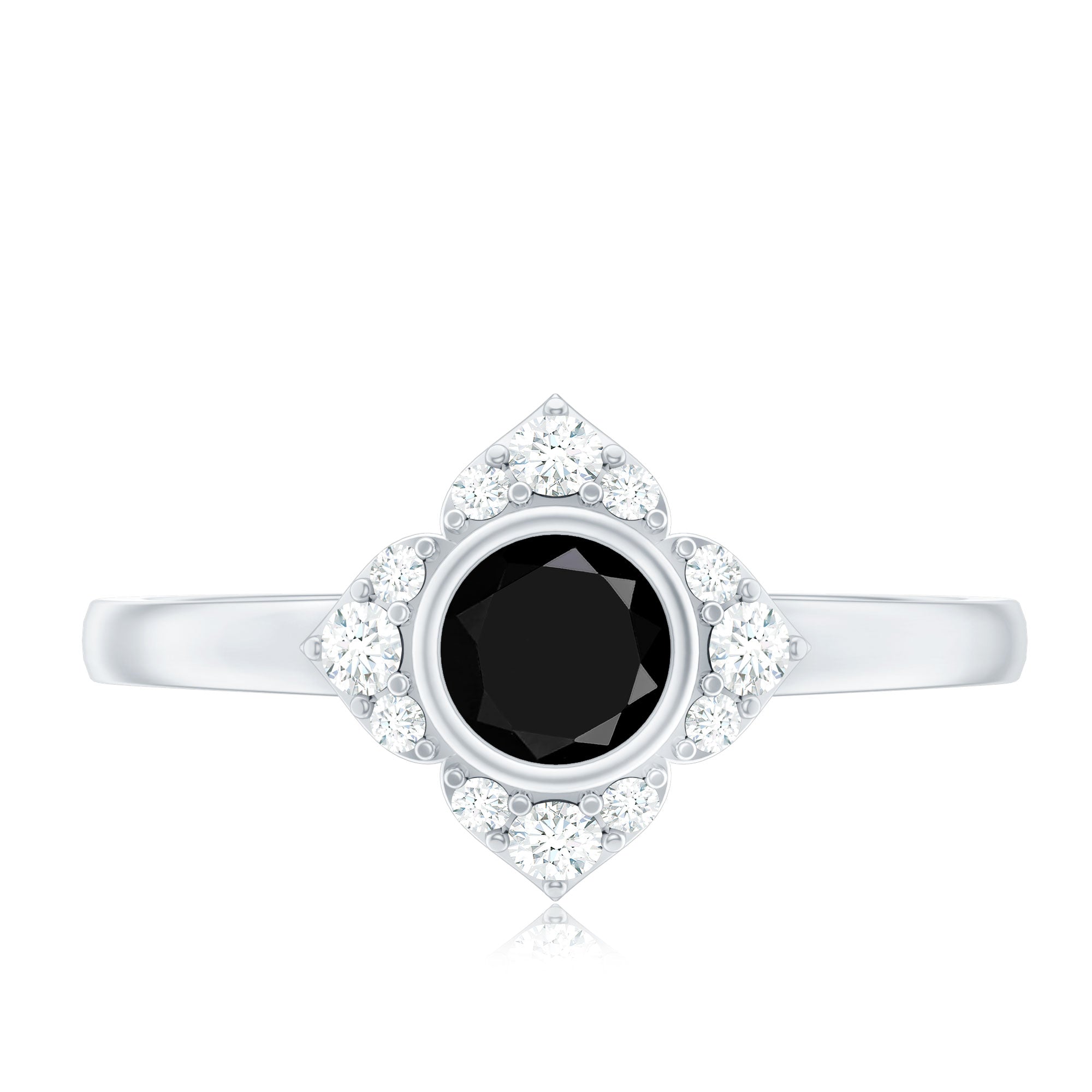 Real Bezel Set Black Spinel Flower Engagement Ring with Diamond AAA - Rosec Jewels