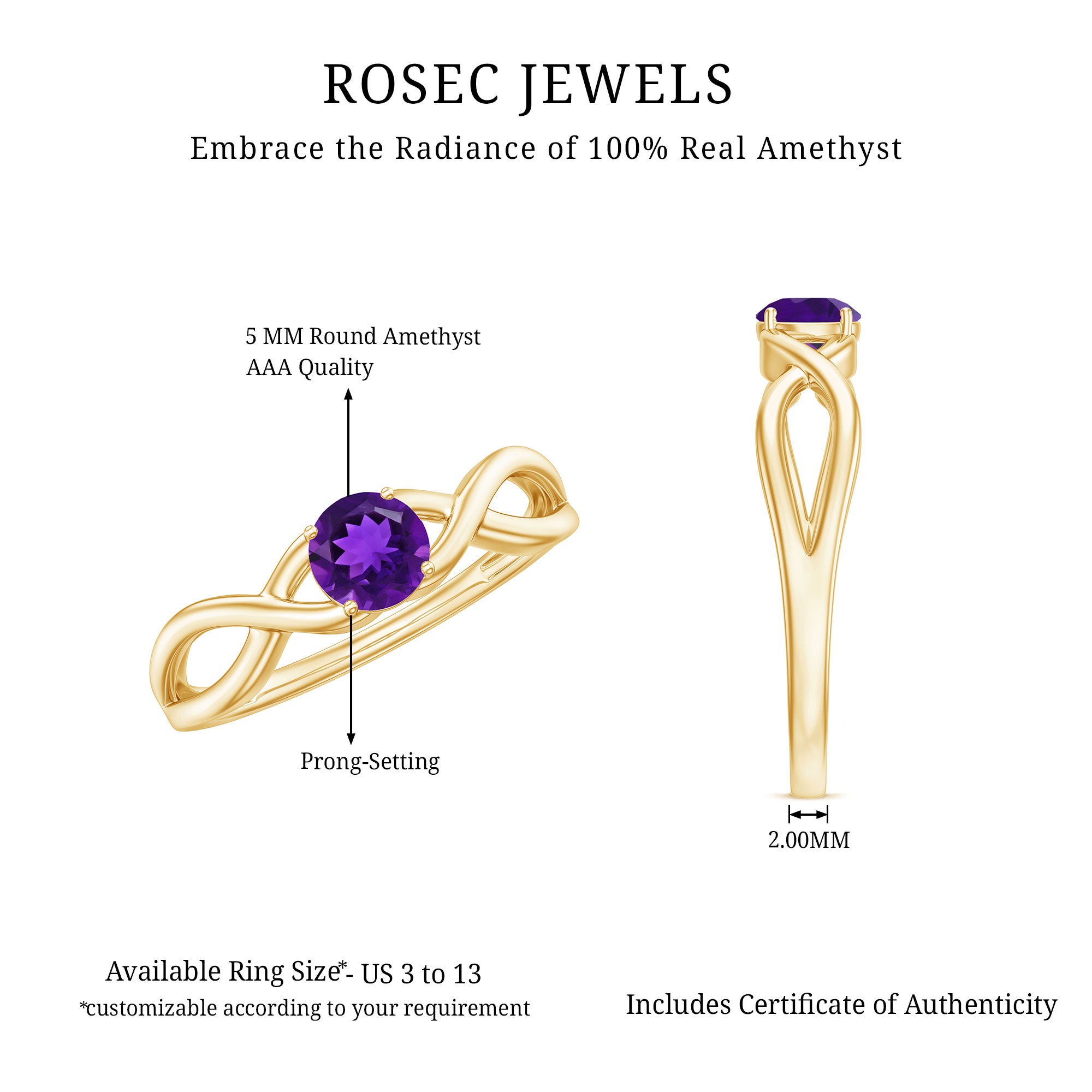 Solitaire Amethyst Crossover Engagement Ring AAA - Rosec Jewels