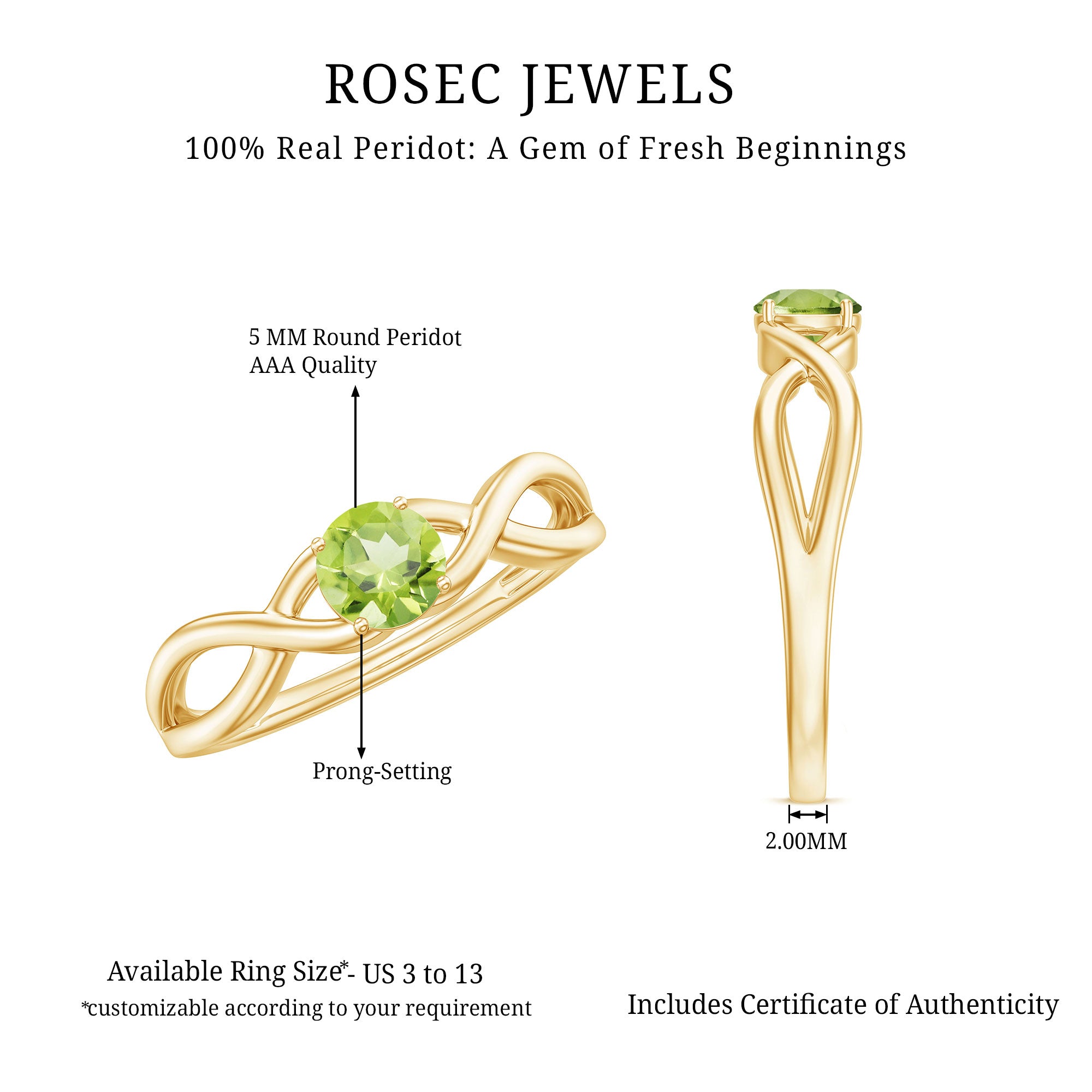 Rosec Jewels-Natural Half Carat Peridot Promise Ring with Crossover Shank
