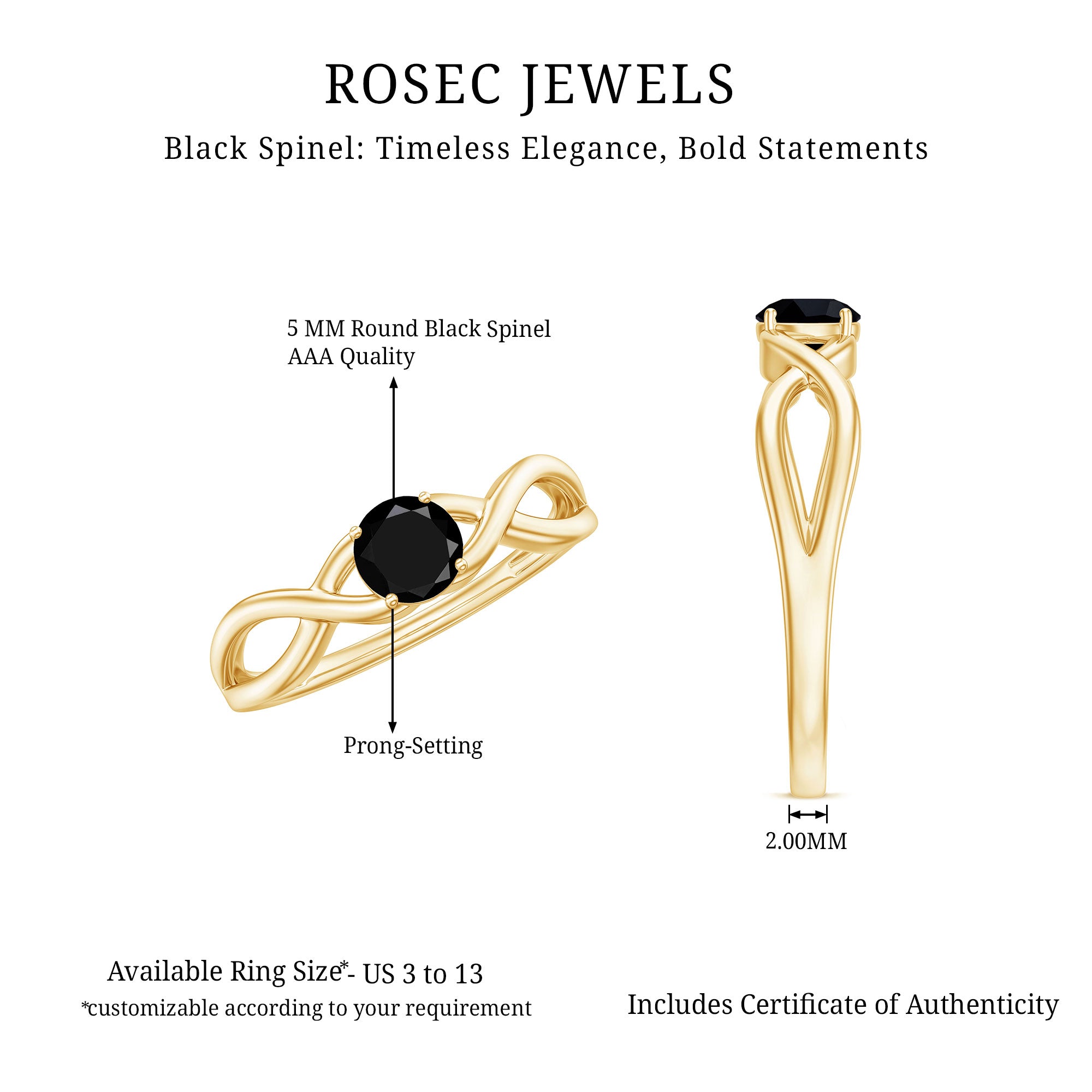 Rosec Jewels-Natural Black Spinel Proposal Ring with Crossover Shank