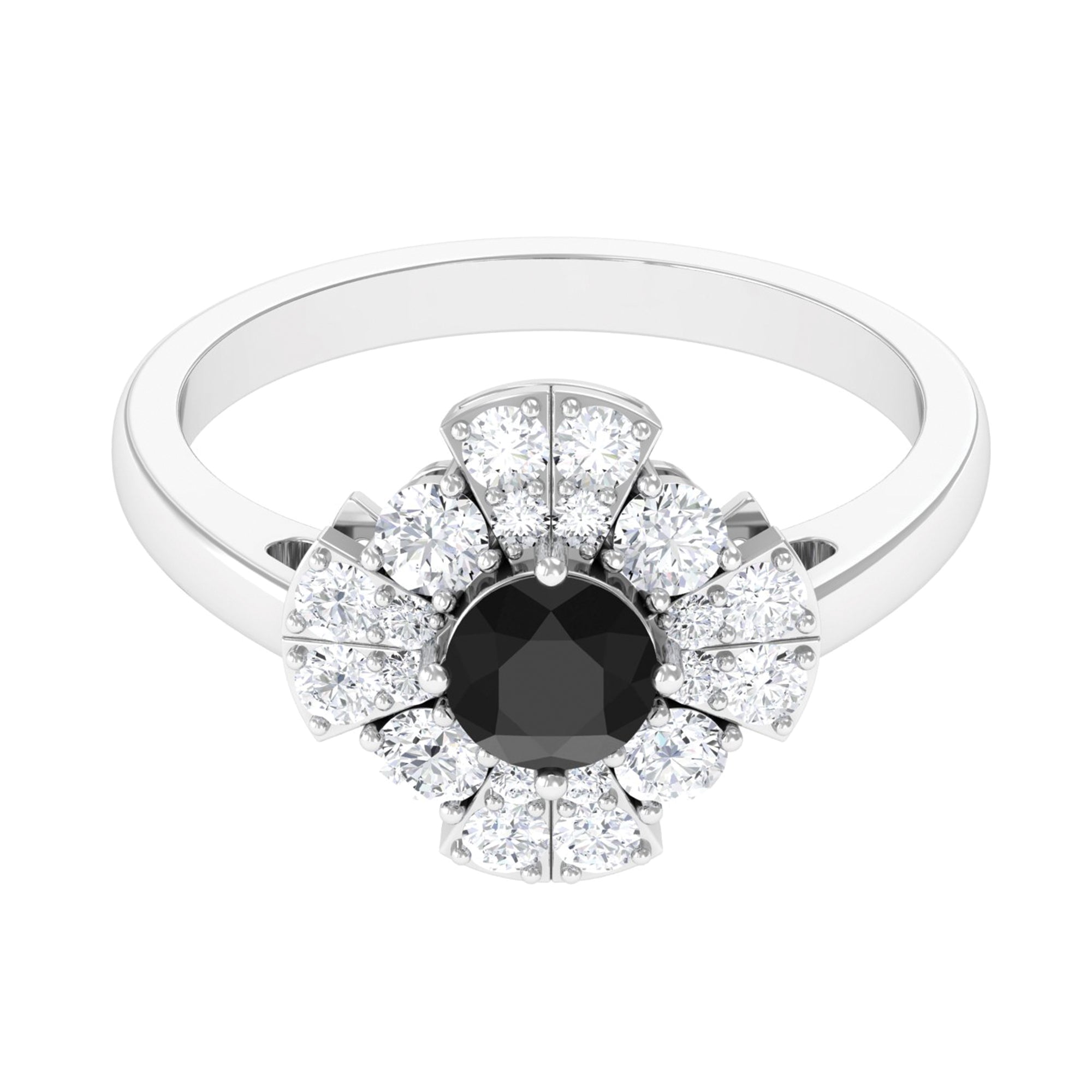 Certified Black and White Diamond Flower Engagement Ring