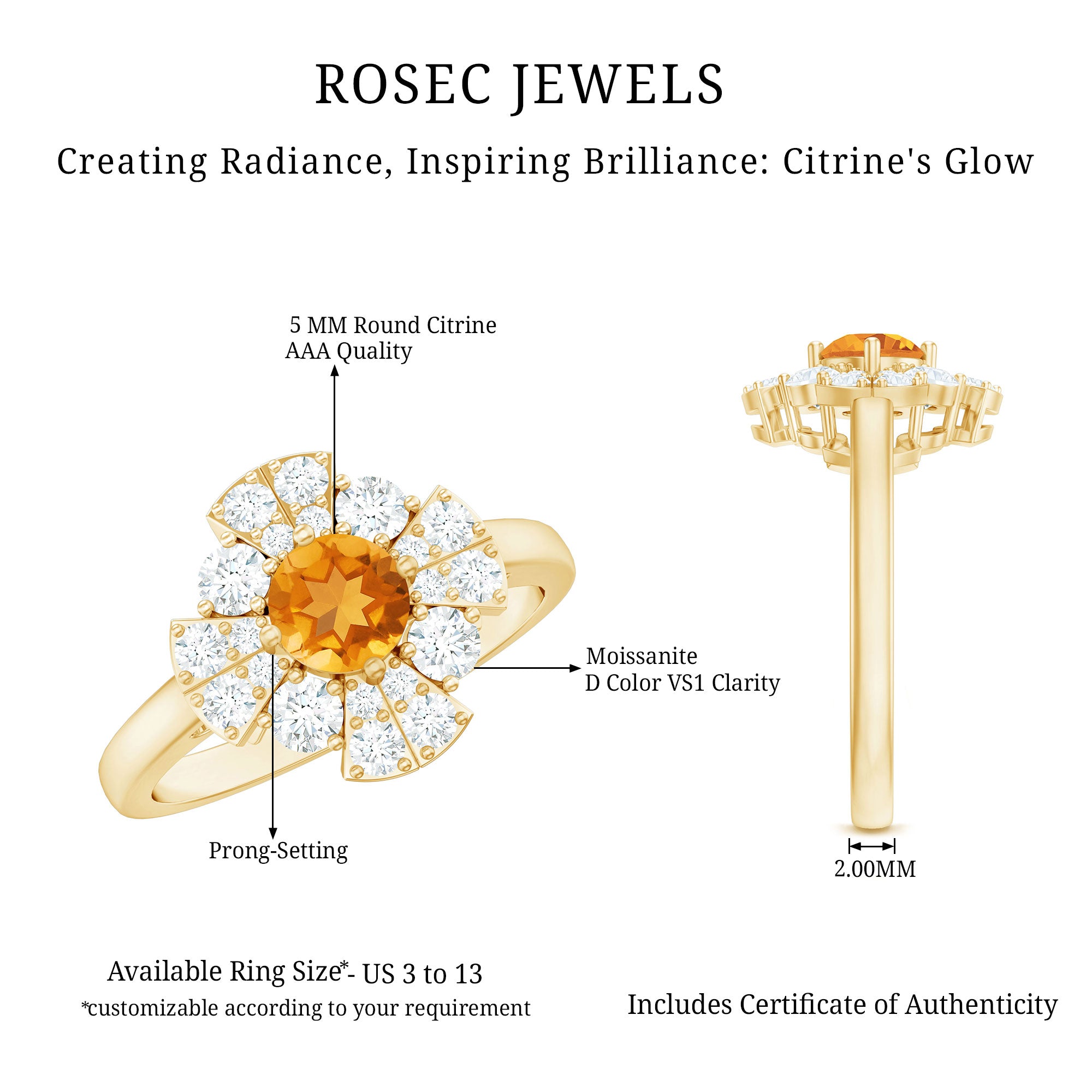 Vintage Looking Citrine Flower Engagement Ring with Certificate AAA - Rosec Jewels