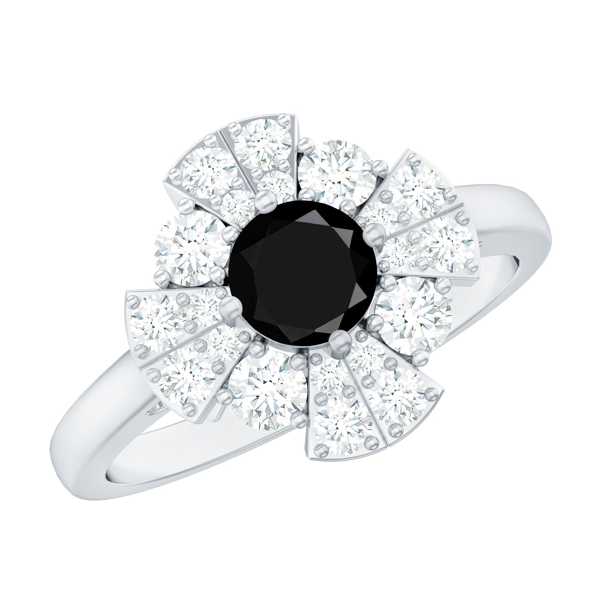 Natural Black Spinel Flower Engagement Ring with Moissanite AAA - Rosec Jewels