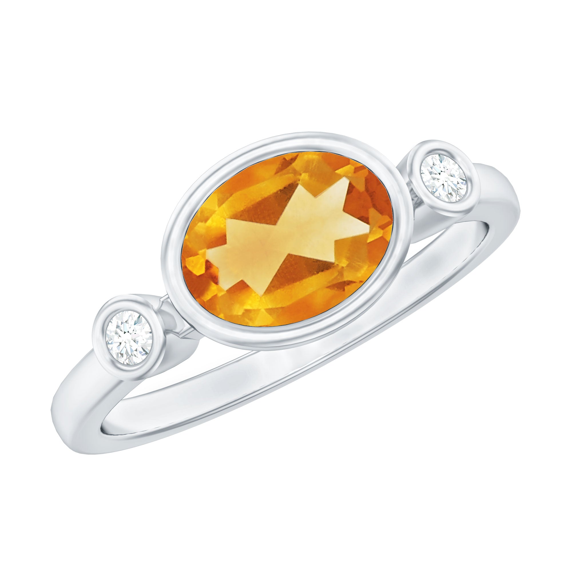 Oval Cut Citrine Solitaire East West Ring with Diamond Stones