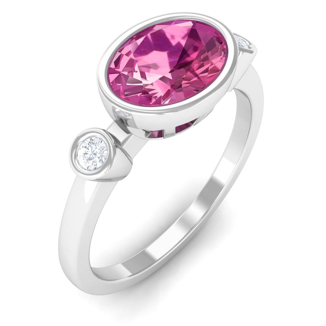 Pink Tourmaline Solitaire East West Ring with Diamond AAA - Rosec Jewels