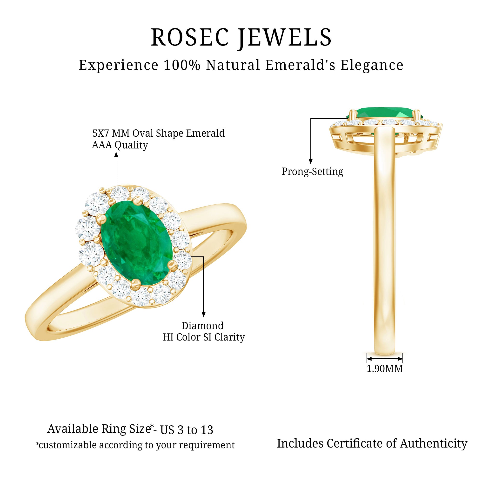 Natural Emerald Oval Engagement Ring with Diamond Halo AAA - Rosec Jewels