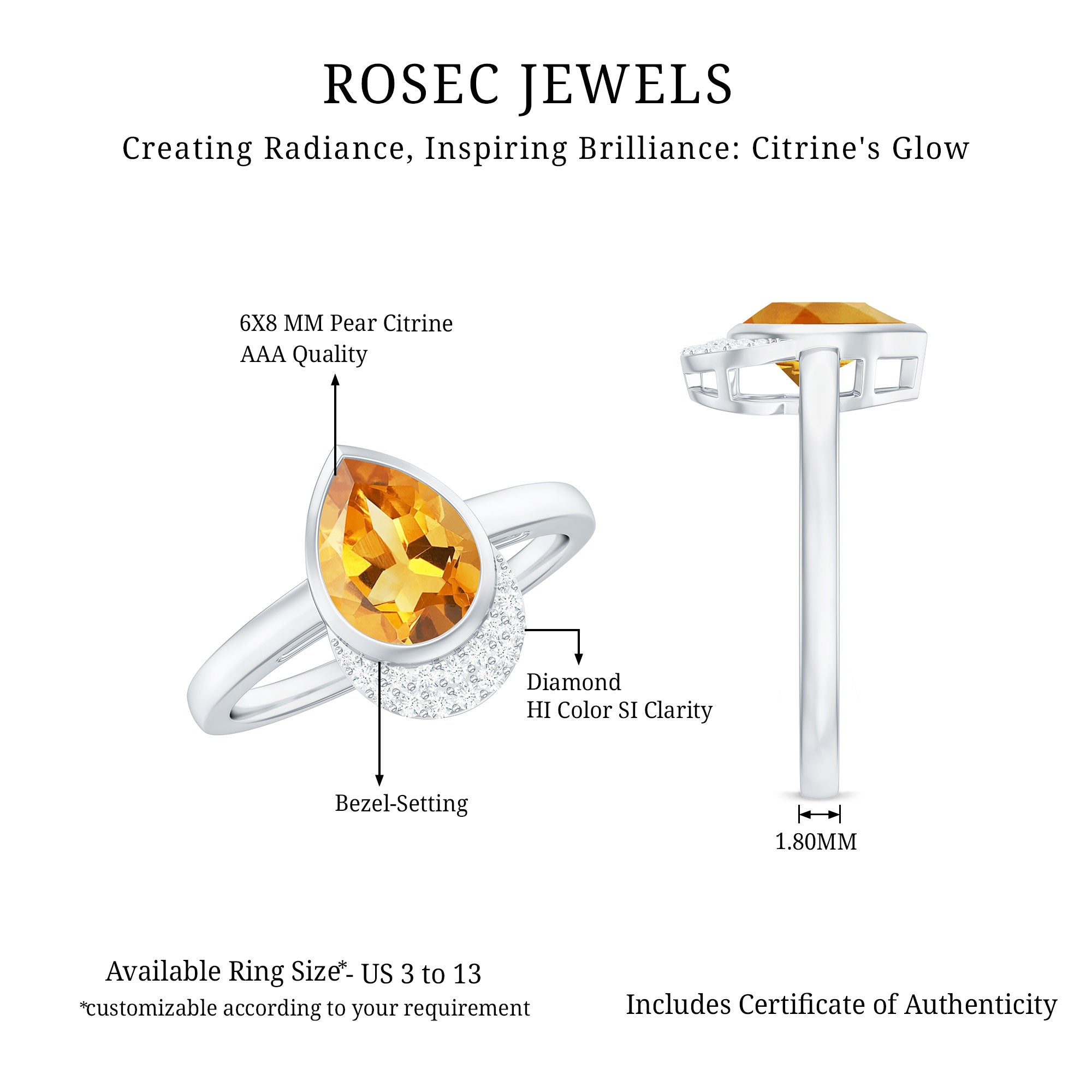 Real 1 Carat Citrine Teardrop Engagement Ring with Diamond AAA - Rosec Jewels