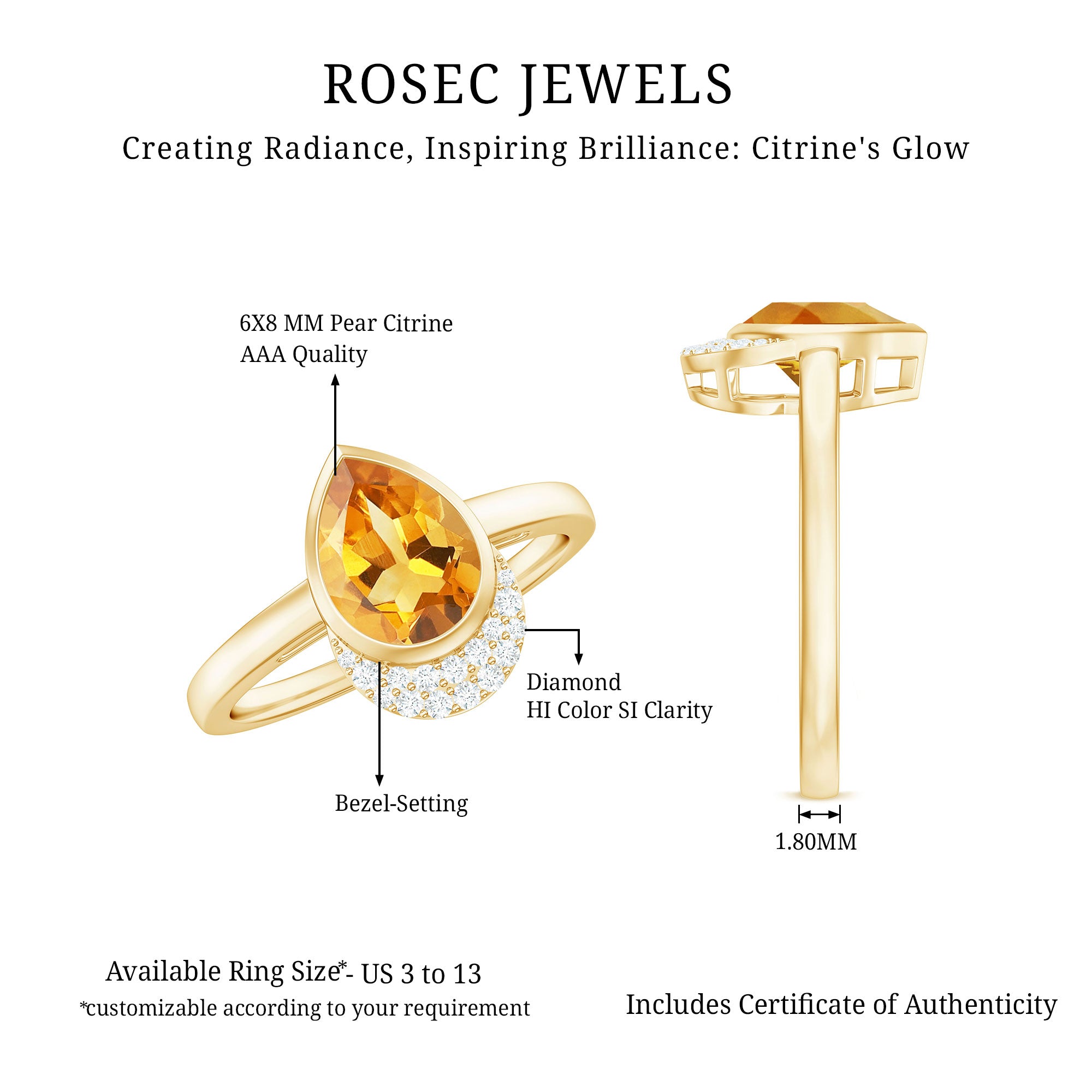 Real 1 Carat Citrine Teardrop Engagement Ring with Diamond AAA - Rosec Jewels