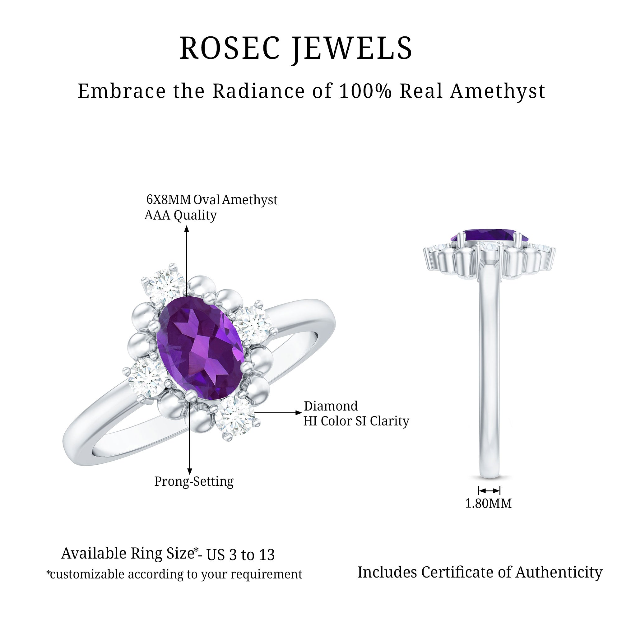 Rosec Jewels-Genuine 1 Carat Oval Amethyst Engagement Ring with Diamond