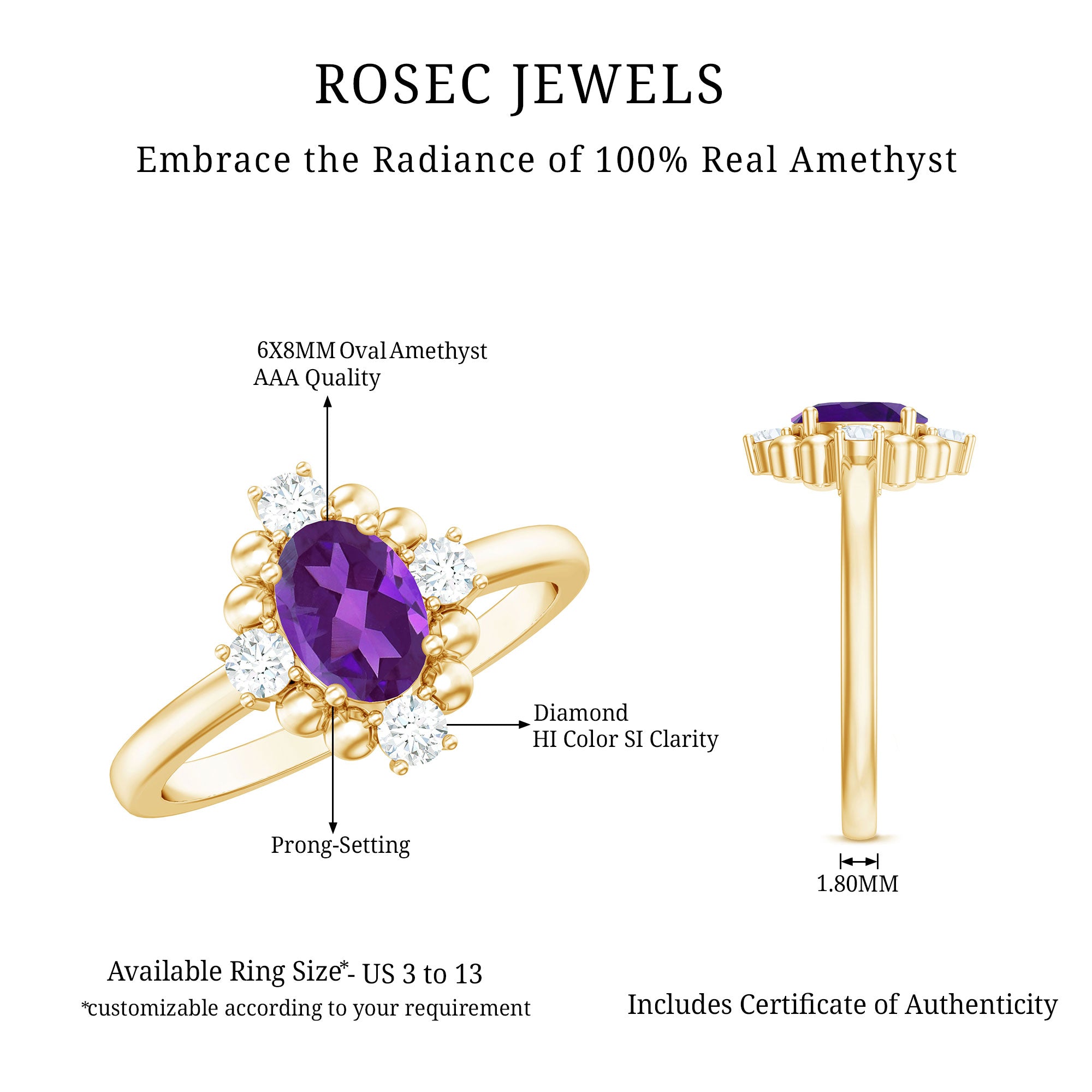 Rosec Jewels-Genuine 1 Carat Oval Amethyst Engagement Ring with Diamond