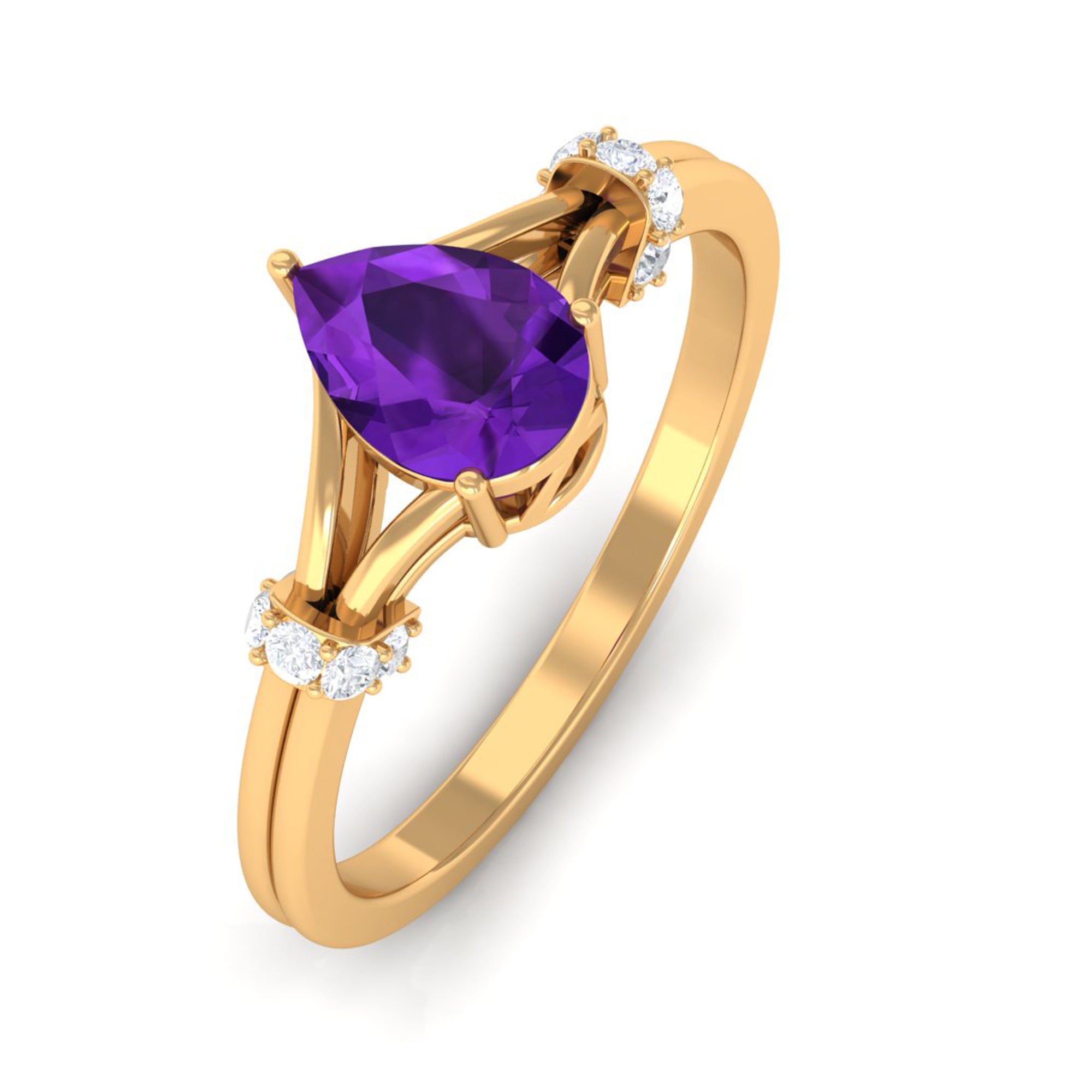 Rosec Jewels-Pear Cut Amethyst Solitaire Ring with Diamond in Split Shank