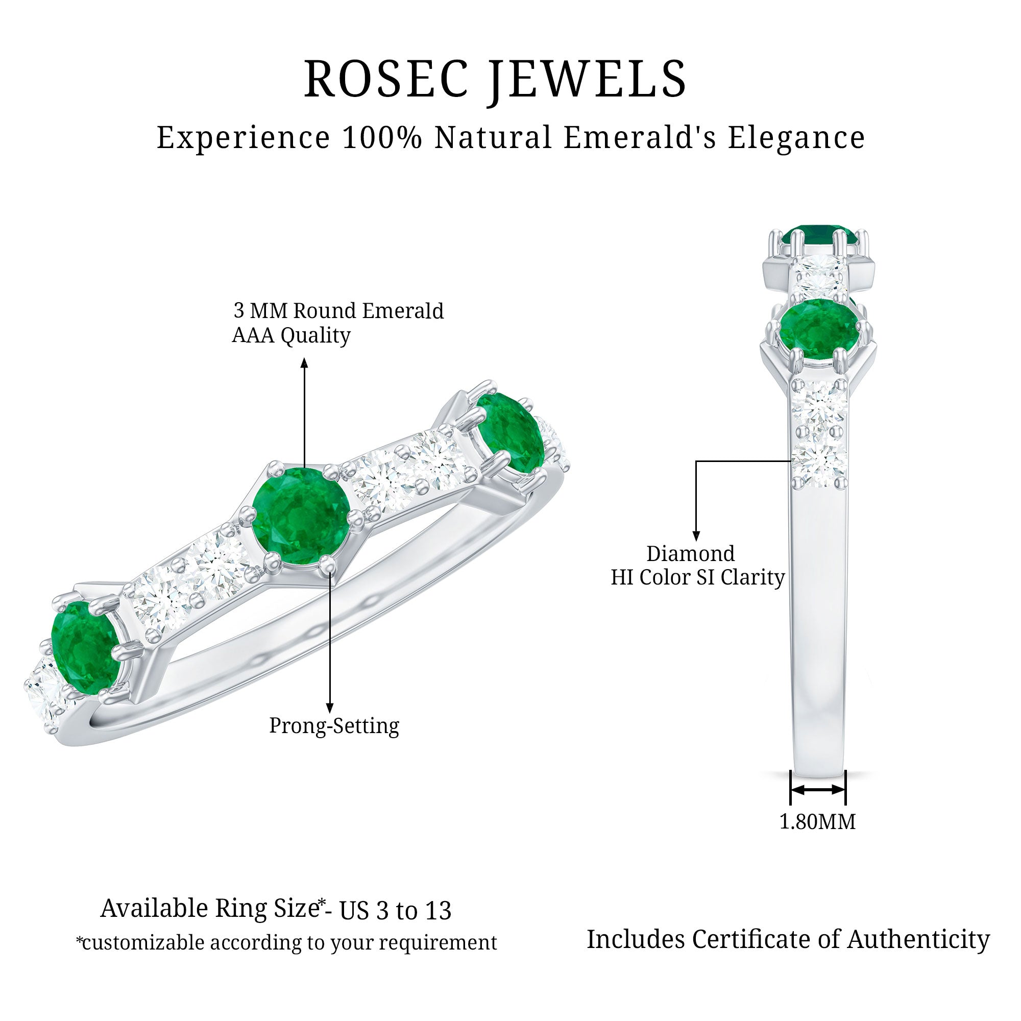 Natural Emerald and Diamond Half Eternity Ring AAA - Rosec Jewels
