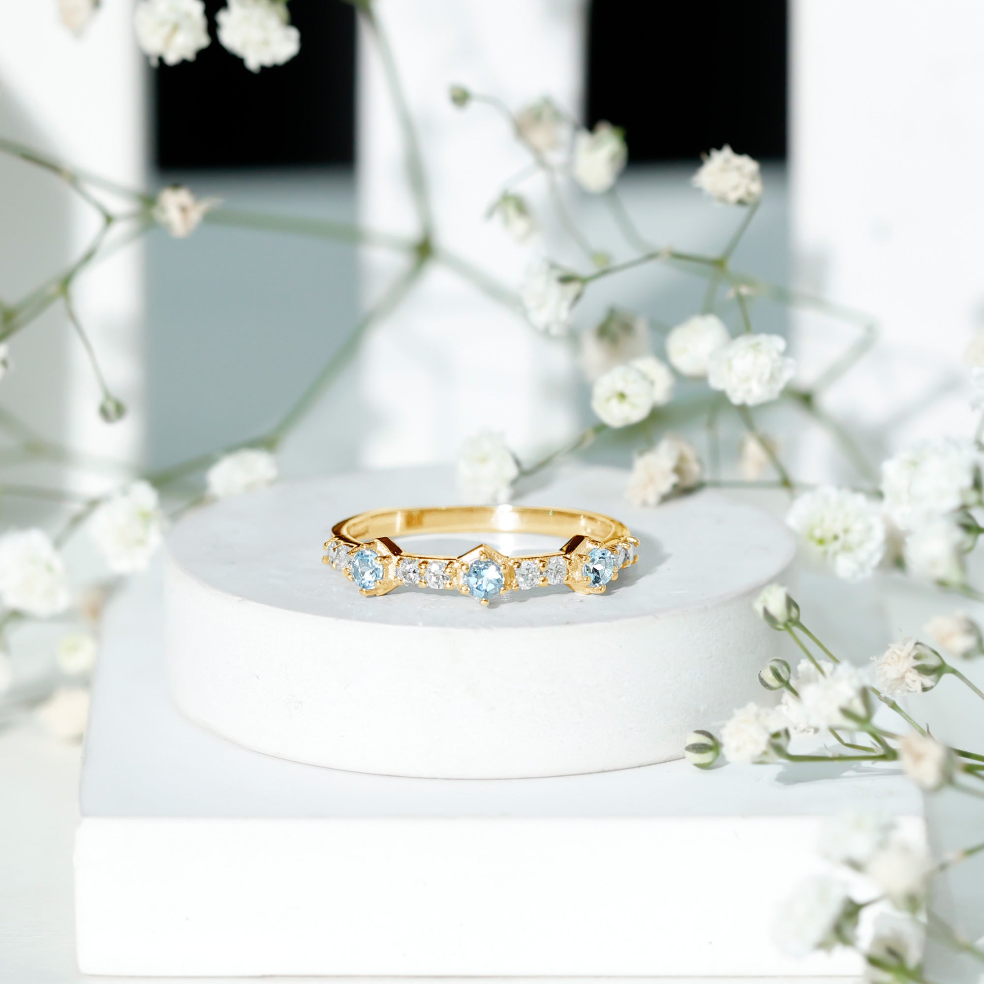 Rosec Jewels-Real Aquamarine and Diamond Half Eternity Ring