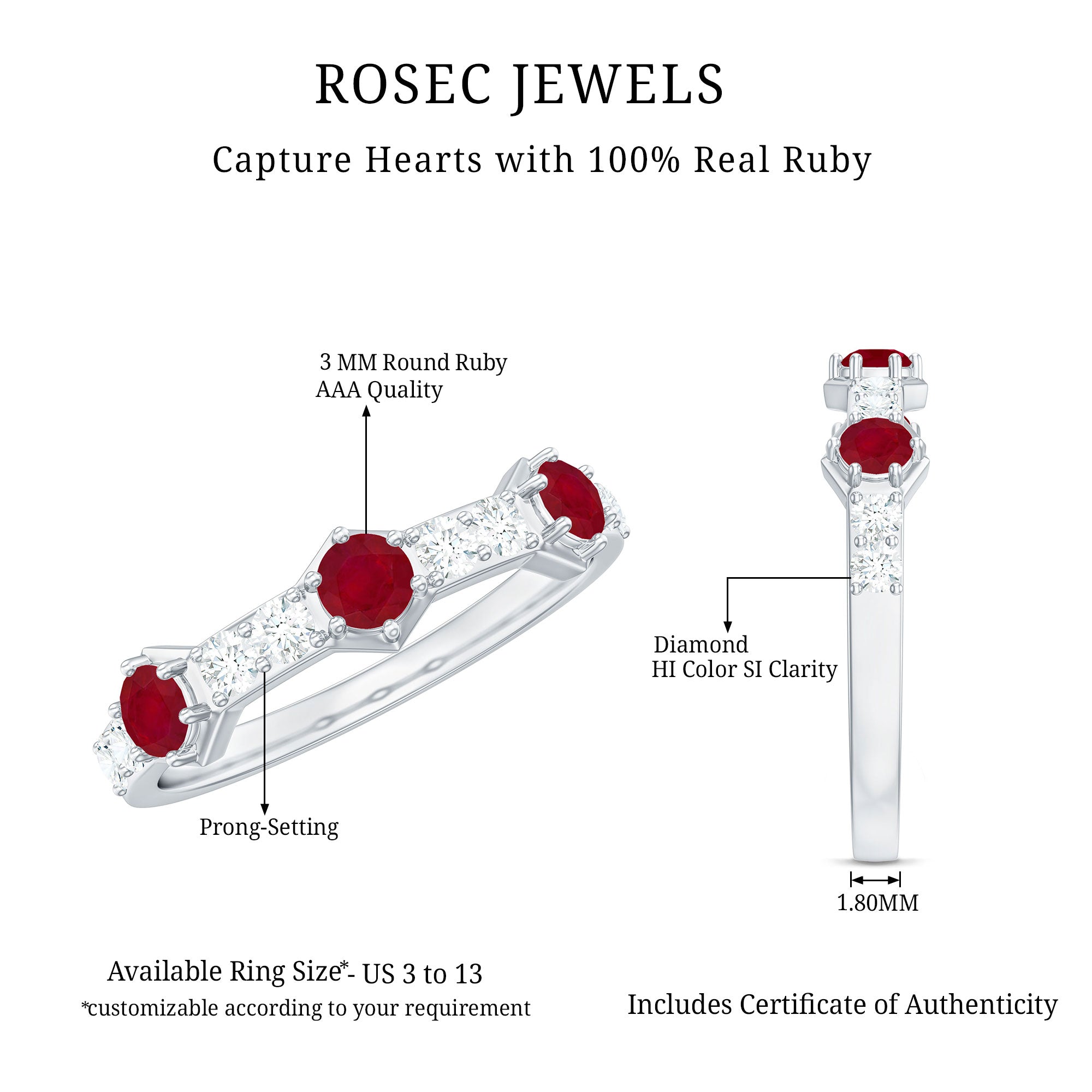 Rosec Jewels-Natural Ruby Diamond Half Eternity Ring for Women