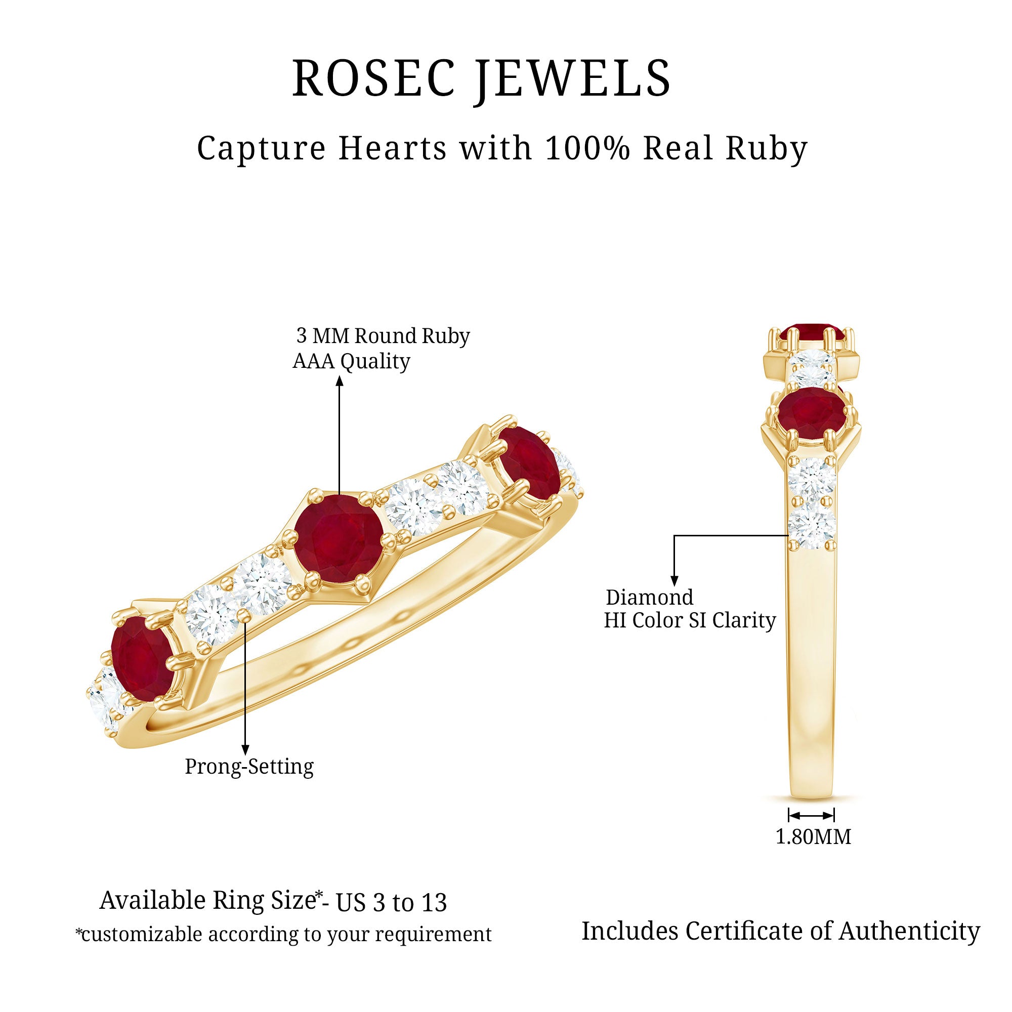 Rosec Jewels-Natural Ruby Diamond Half Eternity Ring for Women
