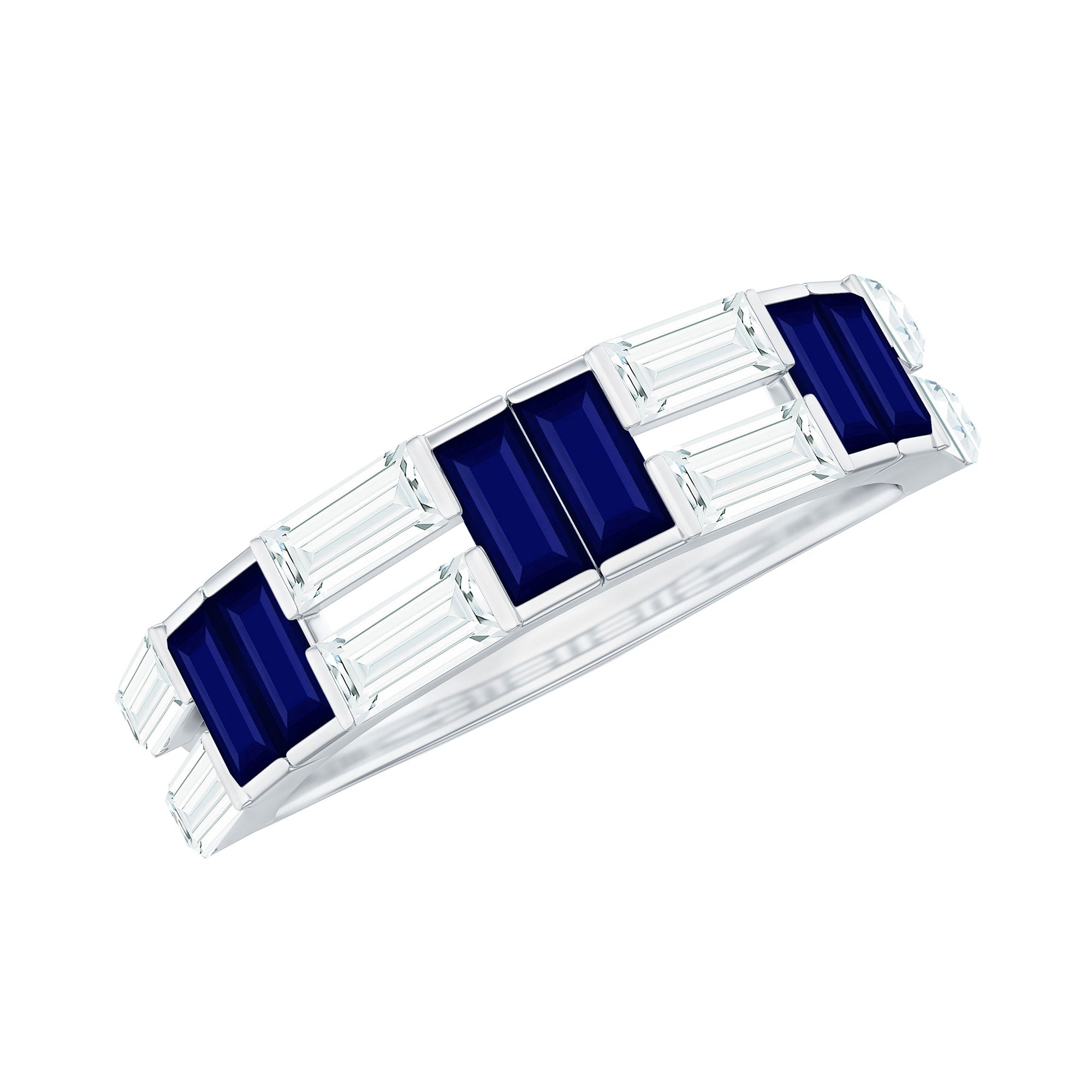 Certified Real Baguette Blue Sapphire Half Eternity Band Ring with Moissanite AAA - Rosec Jewels