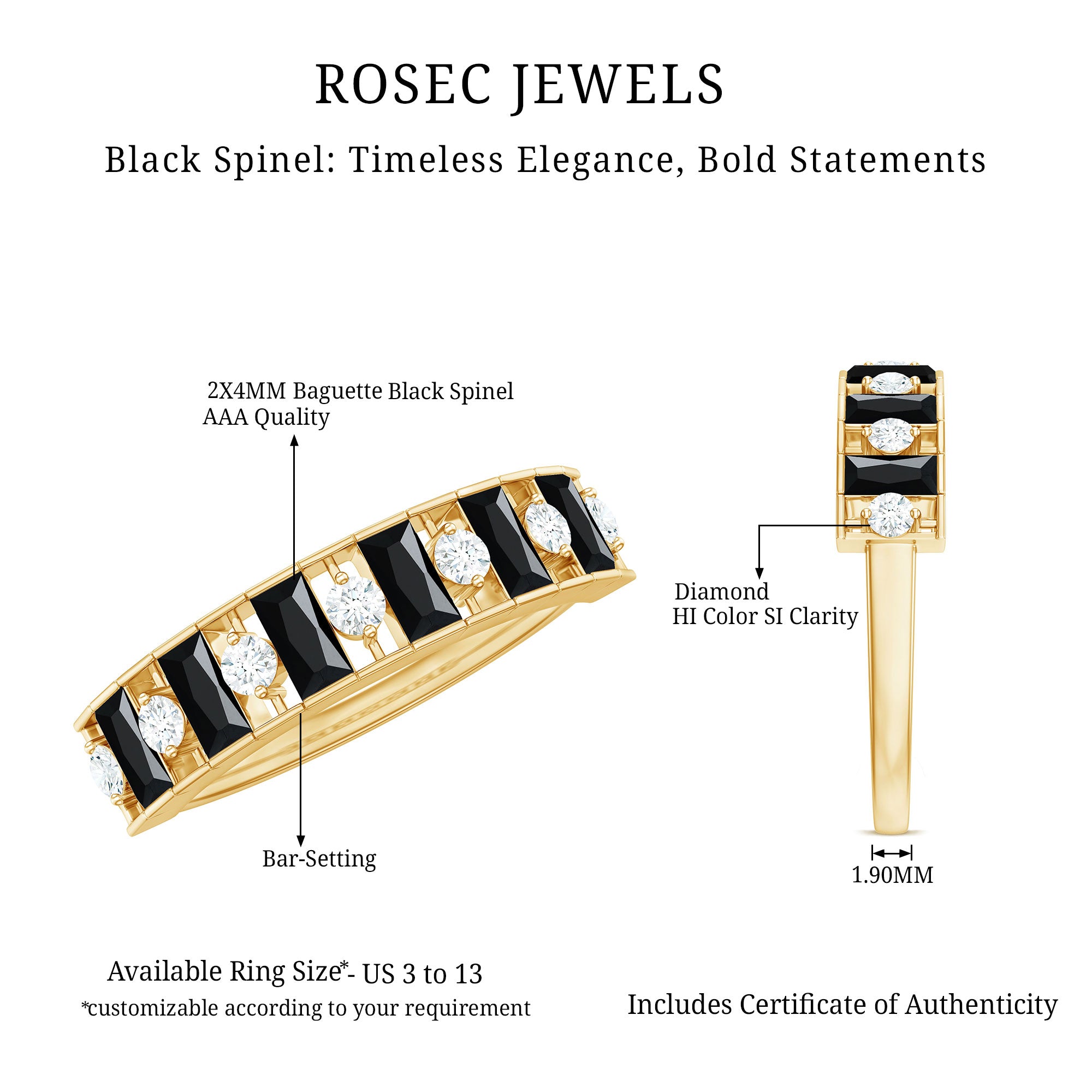 Natural Baguette Black Spinel Half Eternity Ring with Diamond AAA - Rosec Jewels
