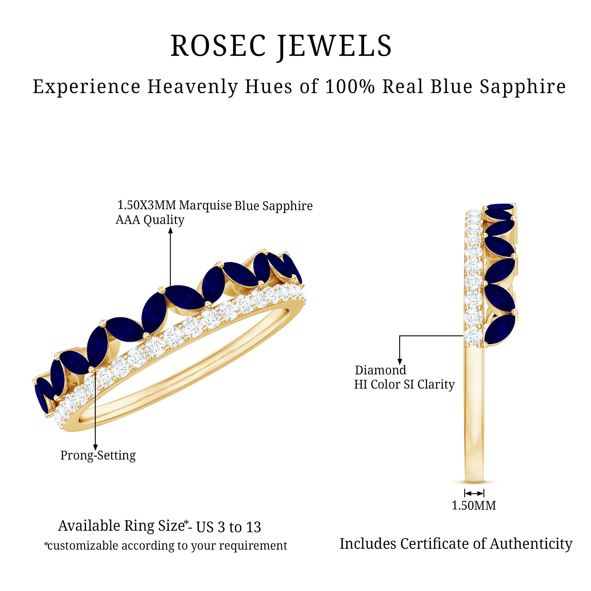 Rosec Jewels-Real Marquise Blue Sapphire Half Eternity Ring with Diamond