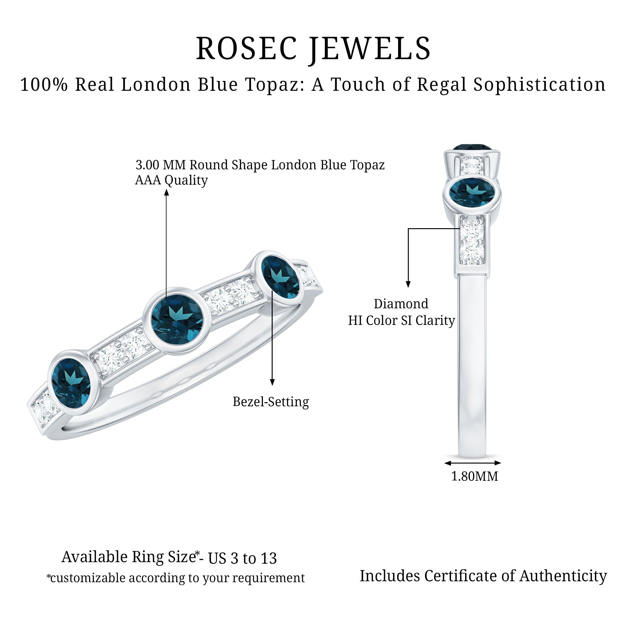 Rosec Jewels-Bezel Set London Blue Topaz Half Eternity Band with Diamond
