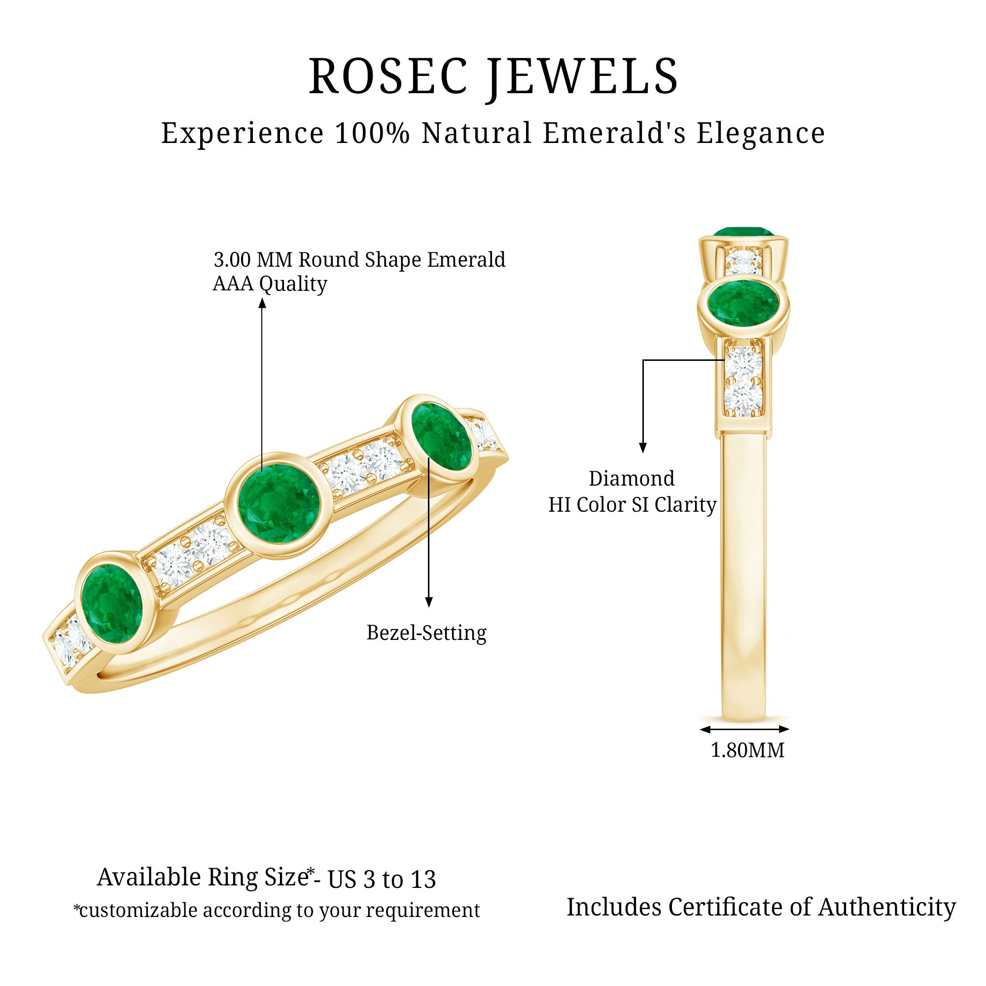 Certified Real Emerald Half Eternity Ring with Diamond AAA - Rosec Jewels