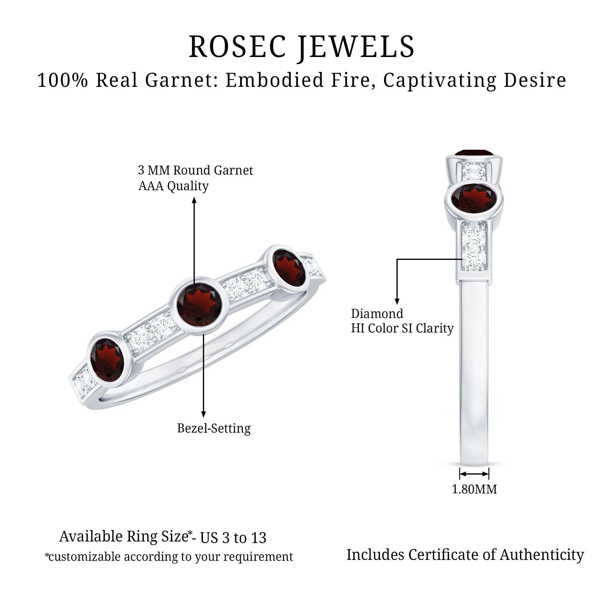 Certified Real Garnet Diamond Half Eternity Ring AAA - Rosec Jewels