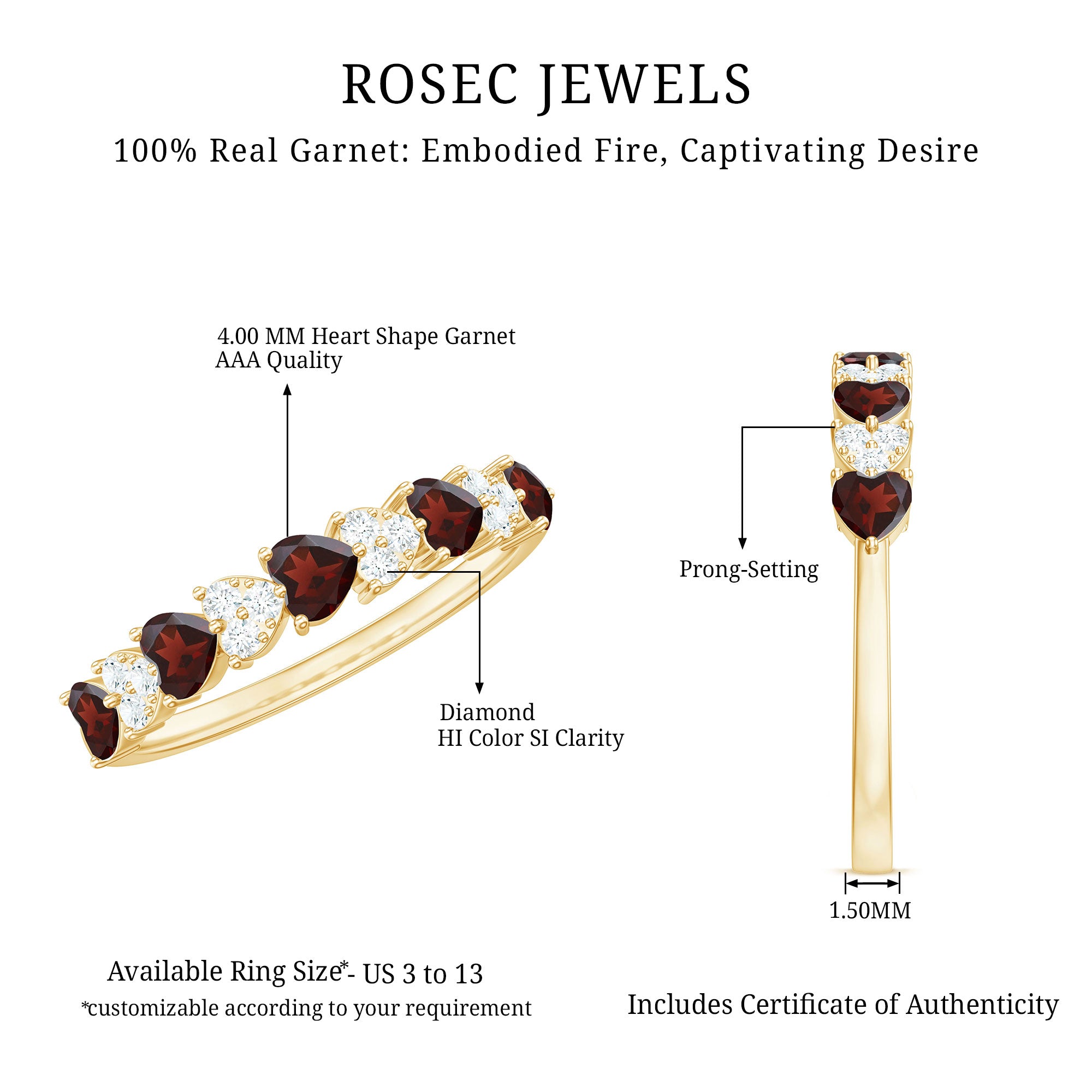Rosec Jewels-Natural Garnet Diamond Heart Eternity Ring in East West Style