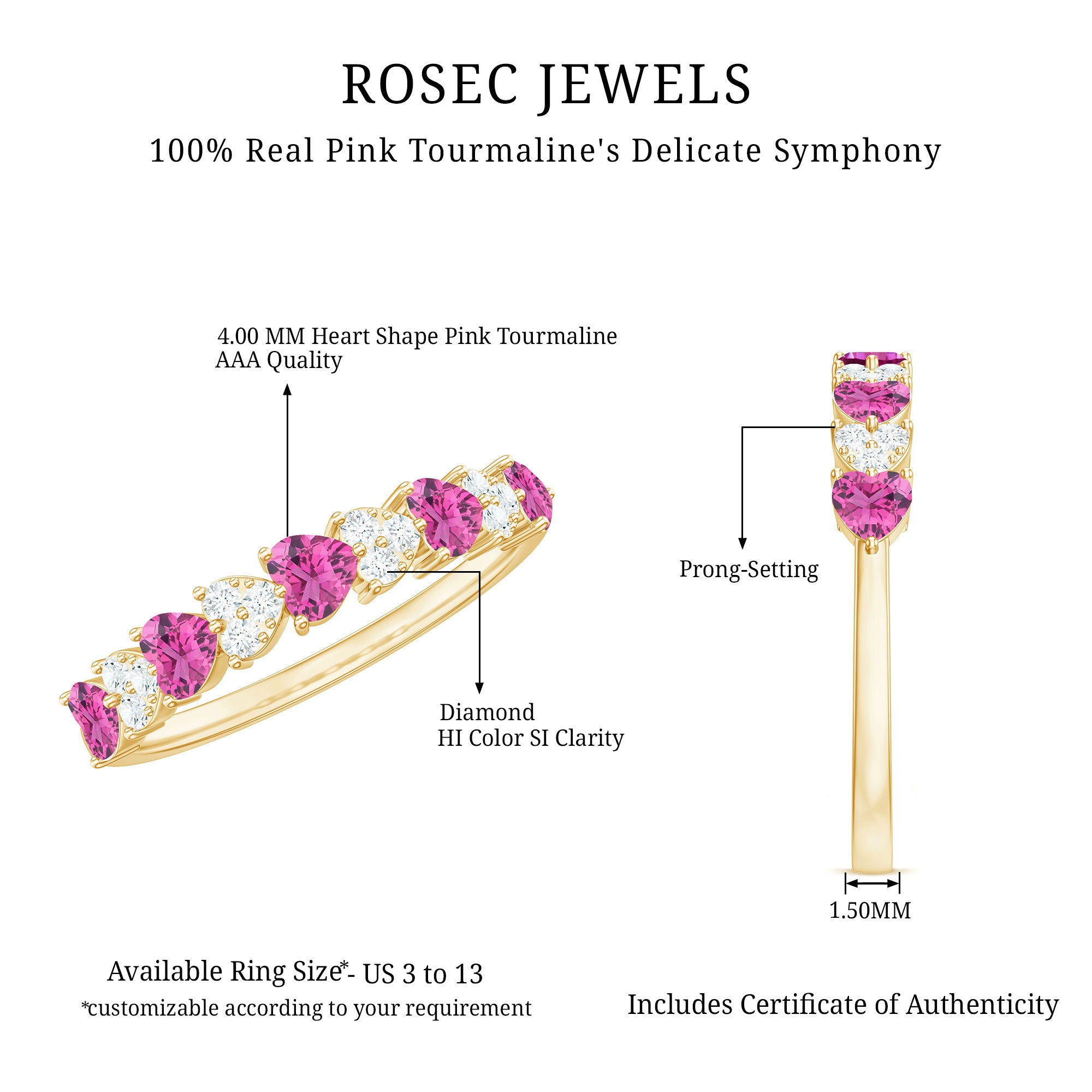 Rosec Jewels-Heart Shape Half Eternity Ring with Pink Tourmaline and Diamond