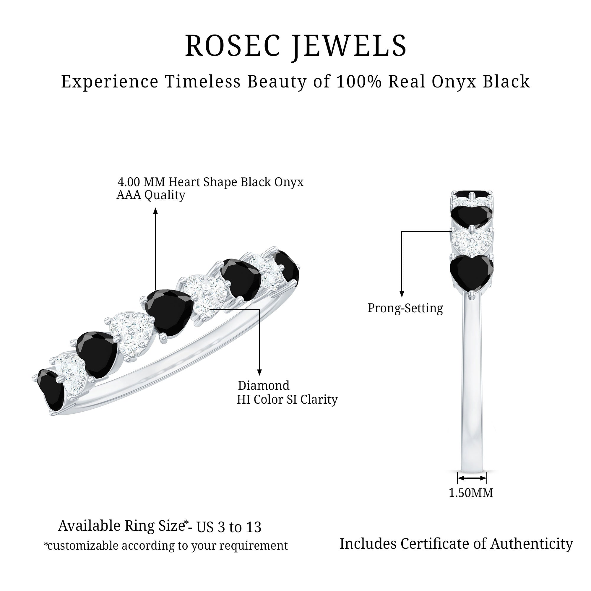 Rosec Jewels-Heart Shaped Black Onyx and Diamond Half Eternity Ring